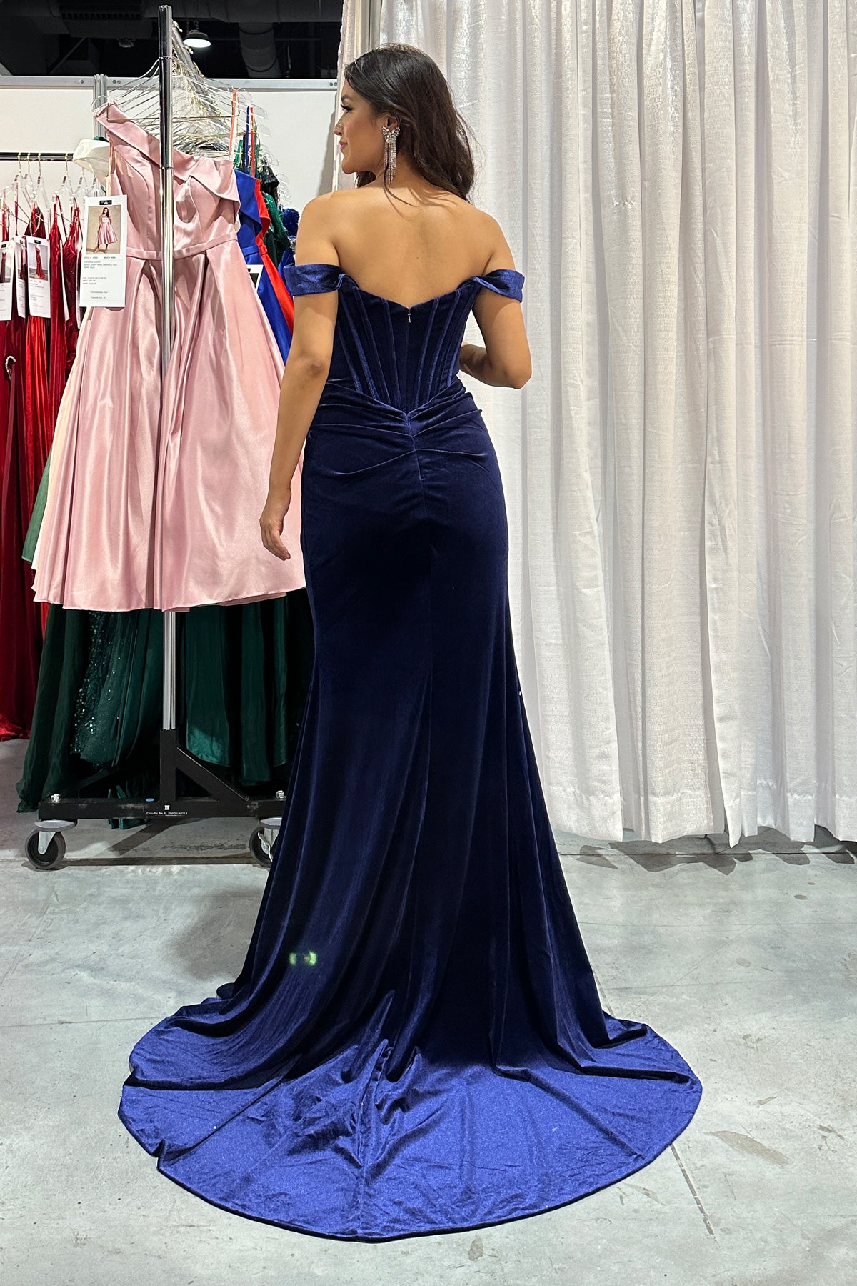 Nox Anabel -R1244 Velvet Off Shoulder Corset Slit Gown