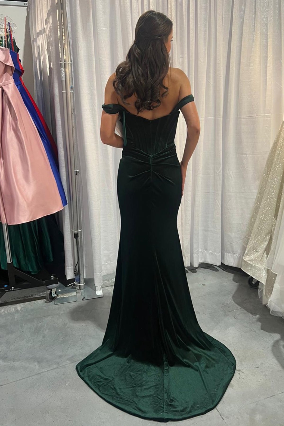 Nox Anabel -R1244 Velvet Off Shoulder Corset Slit Gown