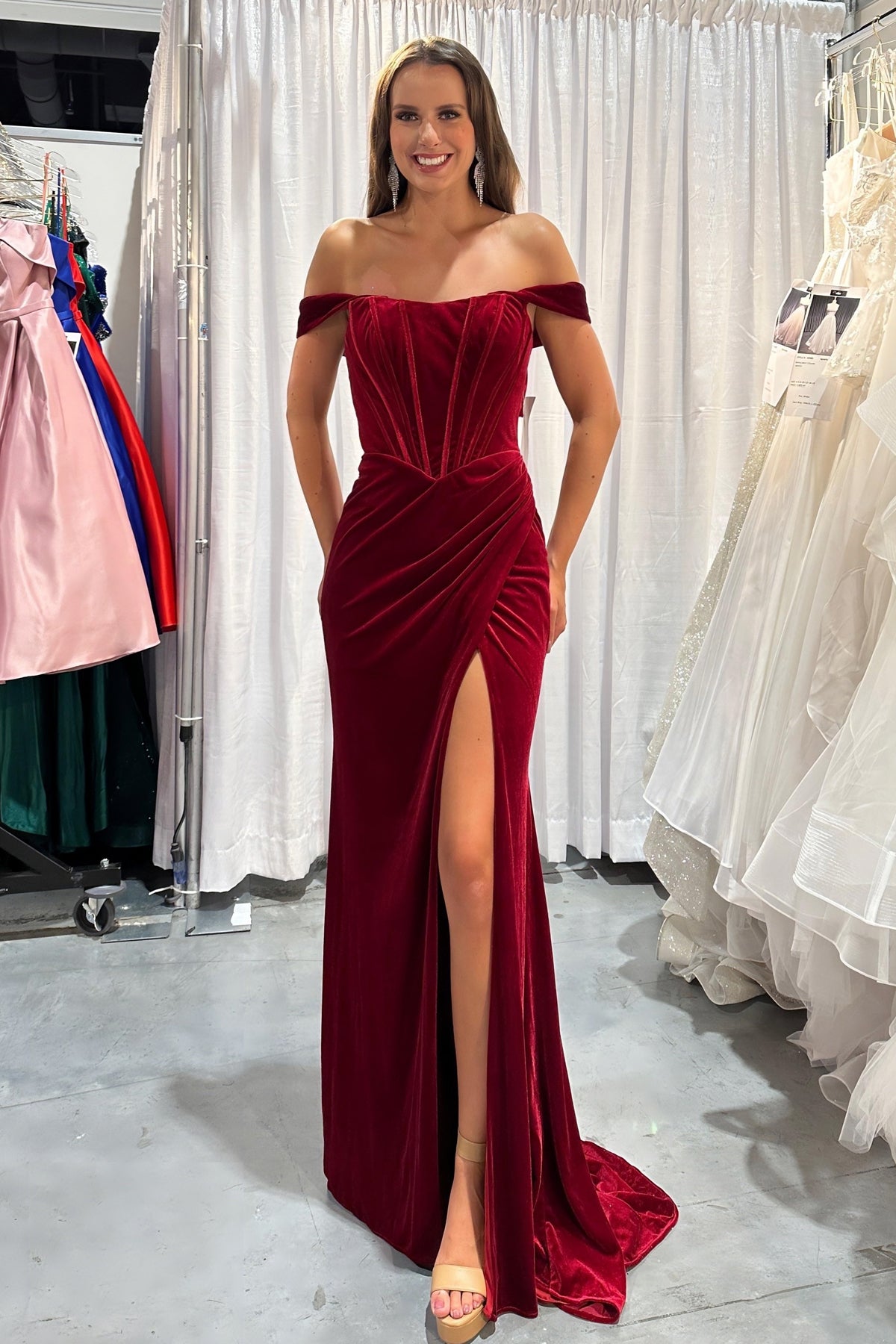 Nox Anabel -R1244 Velvet Off Shoulder Corset Slit Gown