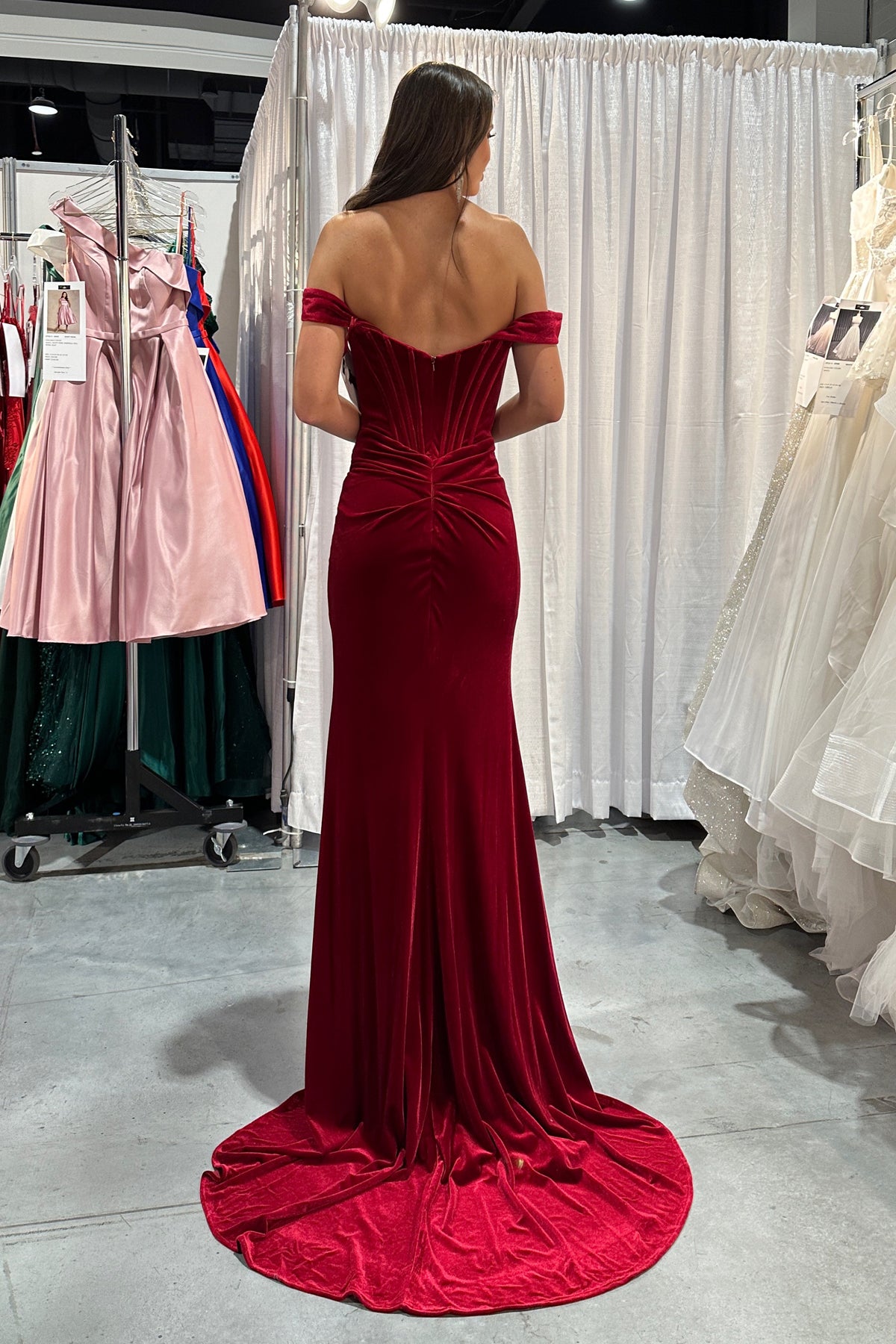 Nox Anabel -R1244 Velvet Off Shoulder Corset Slit Gown