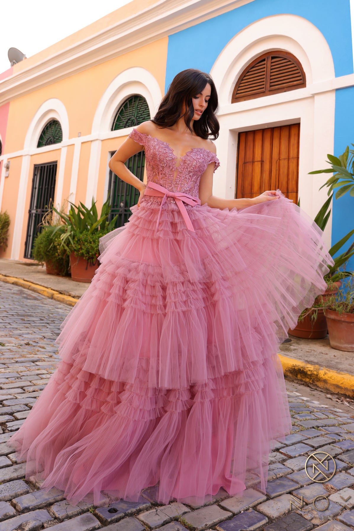 Nox Anabel -E1293 Off-Shoulder Layered Tulle Prom Dress