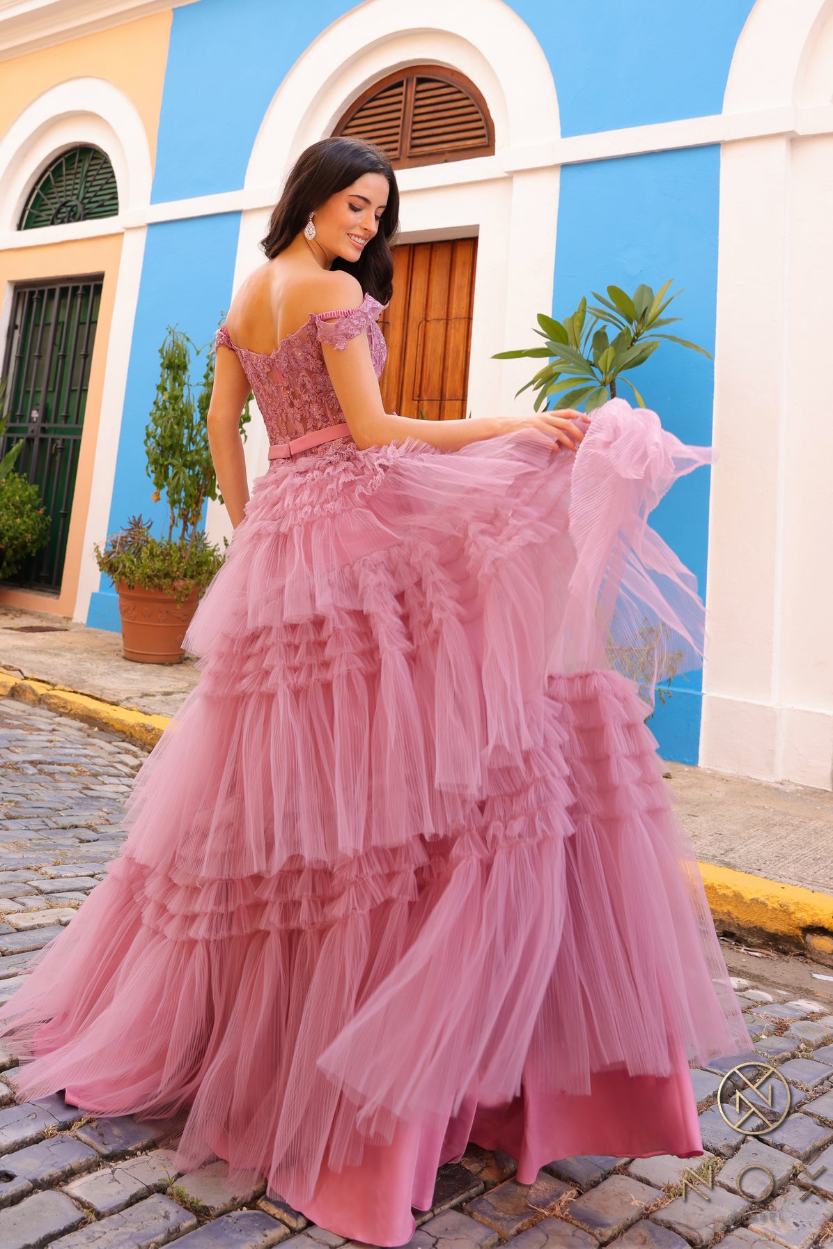 Nox Anabel -E1293 Off-Shoulder Layered Tulle Prom Dress