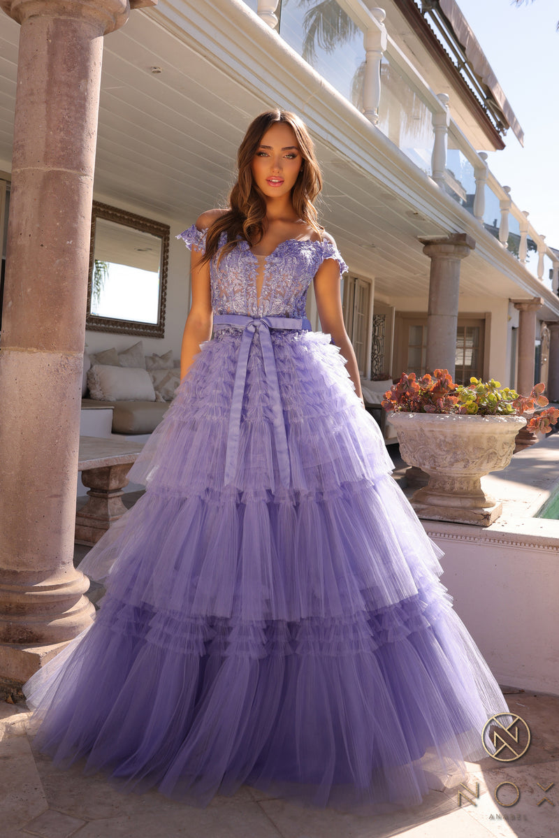 Nox Anabel -E1293 Off-Shoulder Layered Tulle Prom Dress
