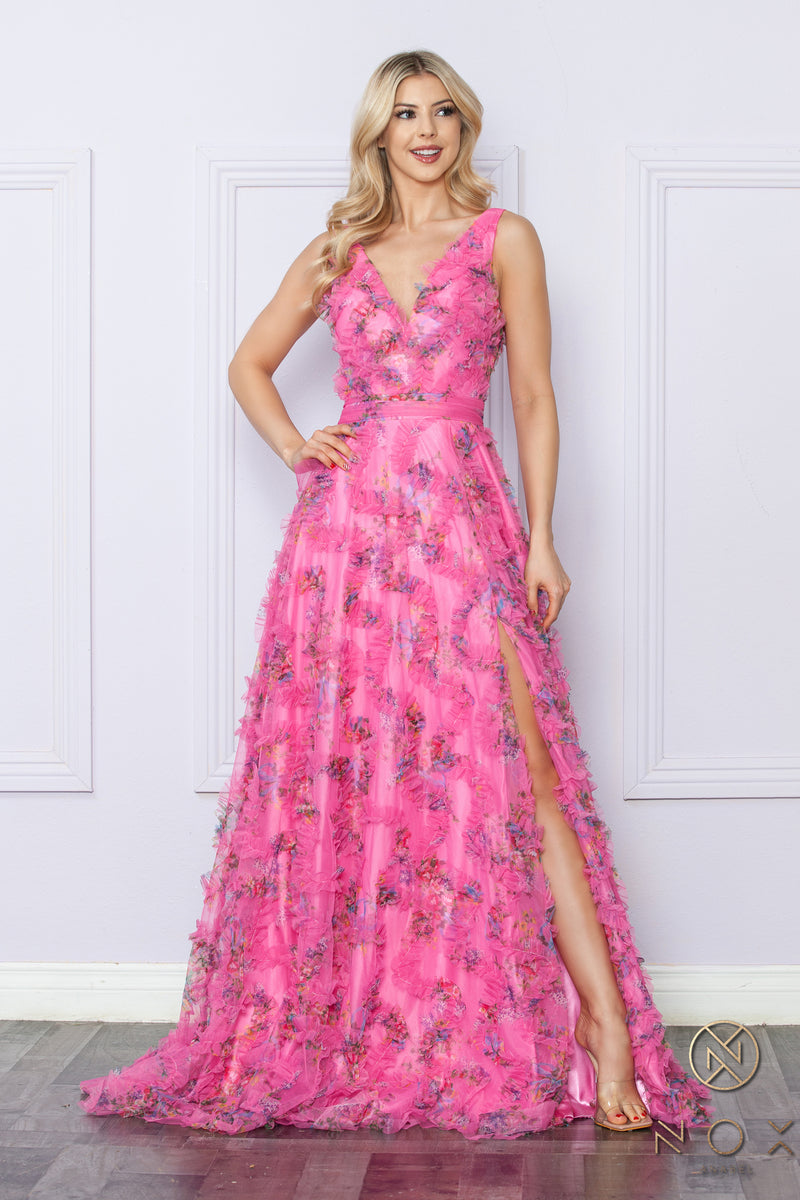 Nox Anabel -E1445 Deep V-Neckline Floral Prom Dress