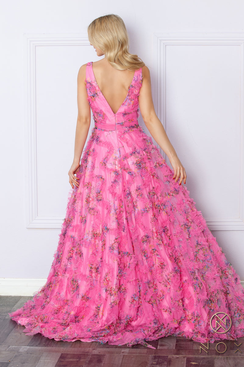 Nox Anabel -E1445 Deep V-Neckline Floral Prom Dress