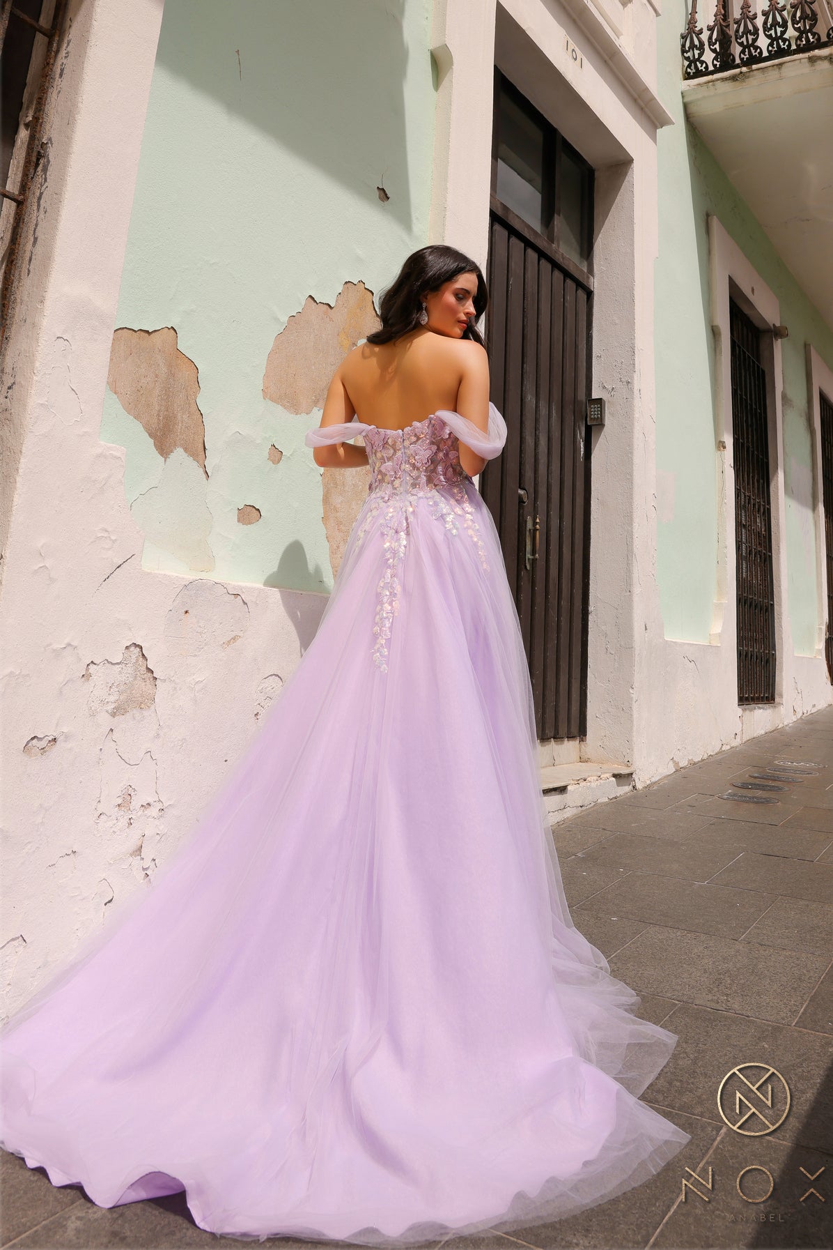 Nox Anabel -J1324 Butterfly Embellished Off-Shoulder Prom Gown