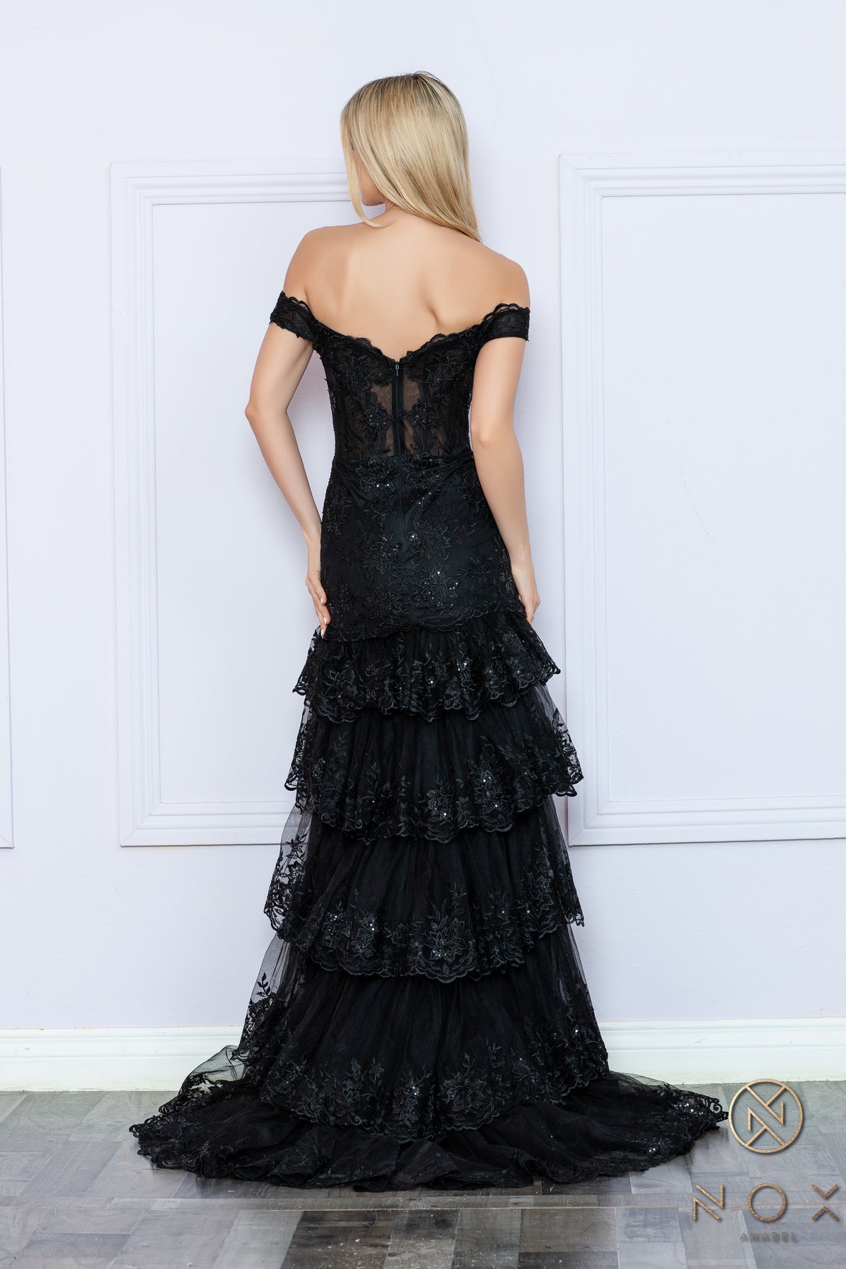 Nox Anabel -R1301 Off Shoulder Lace Corset Ruffled Dress