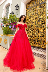 Nox Anabel -R1303 Floral Draped Off-Shoulder Prom Dress