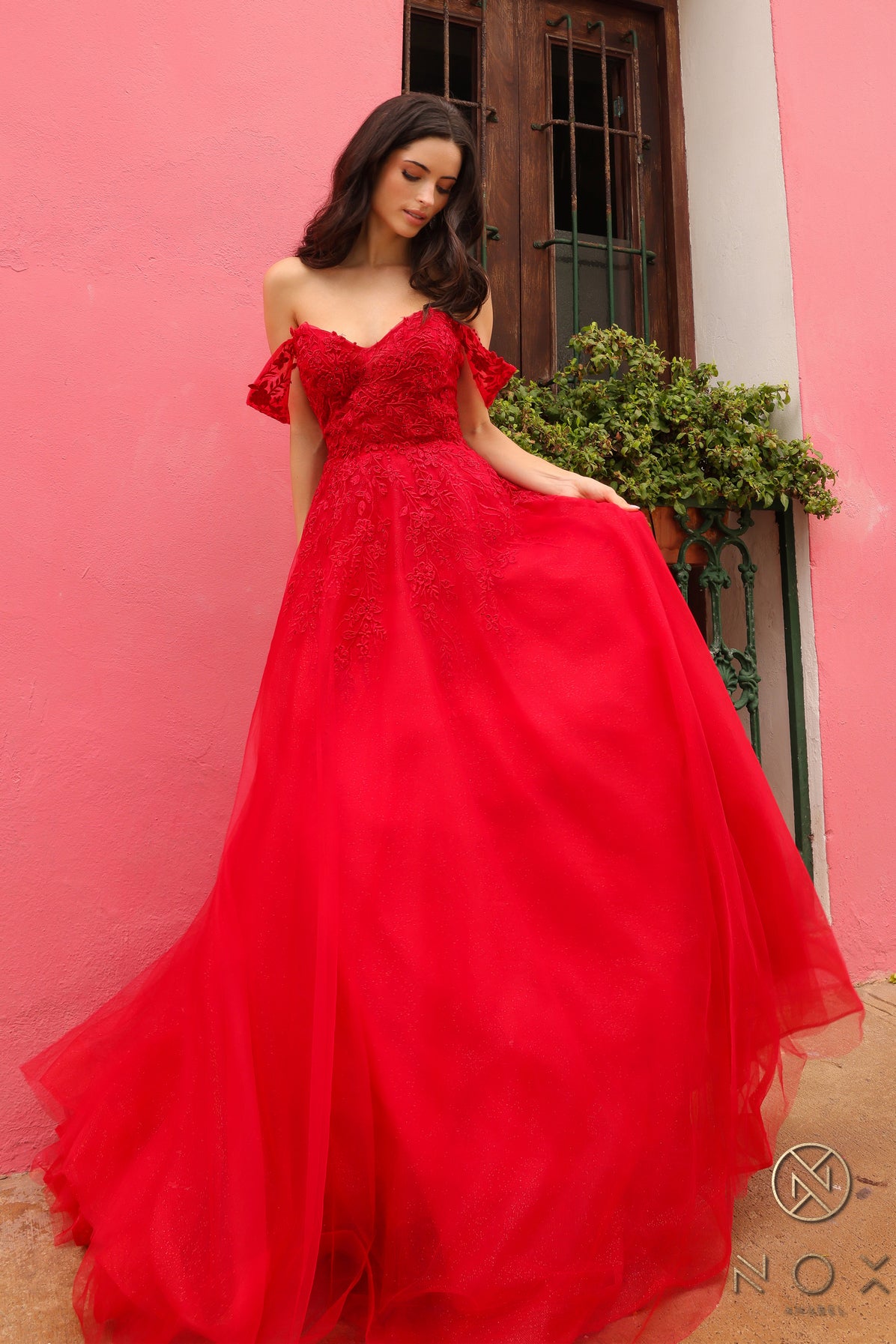 Nox Anabel -R1303 Floral Draped Off-Shoulder Prom Dress