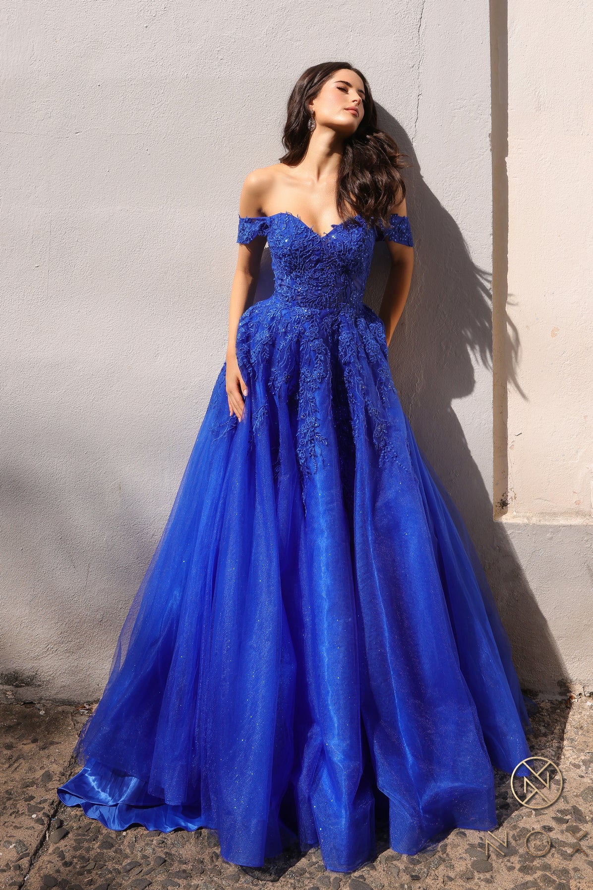 Nox Anabel -R1303 Floral Draped Off-Shoulder Prom Dress