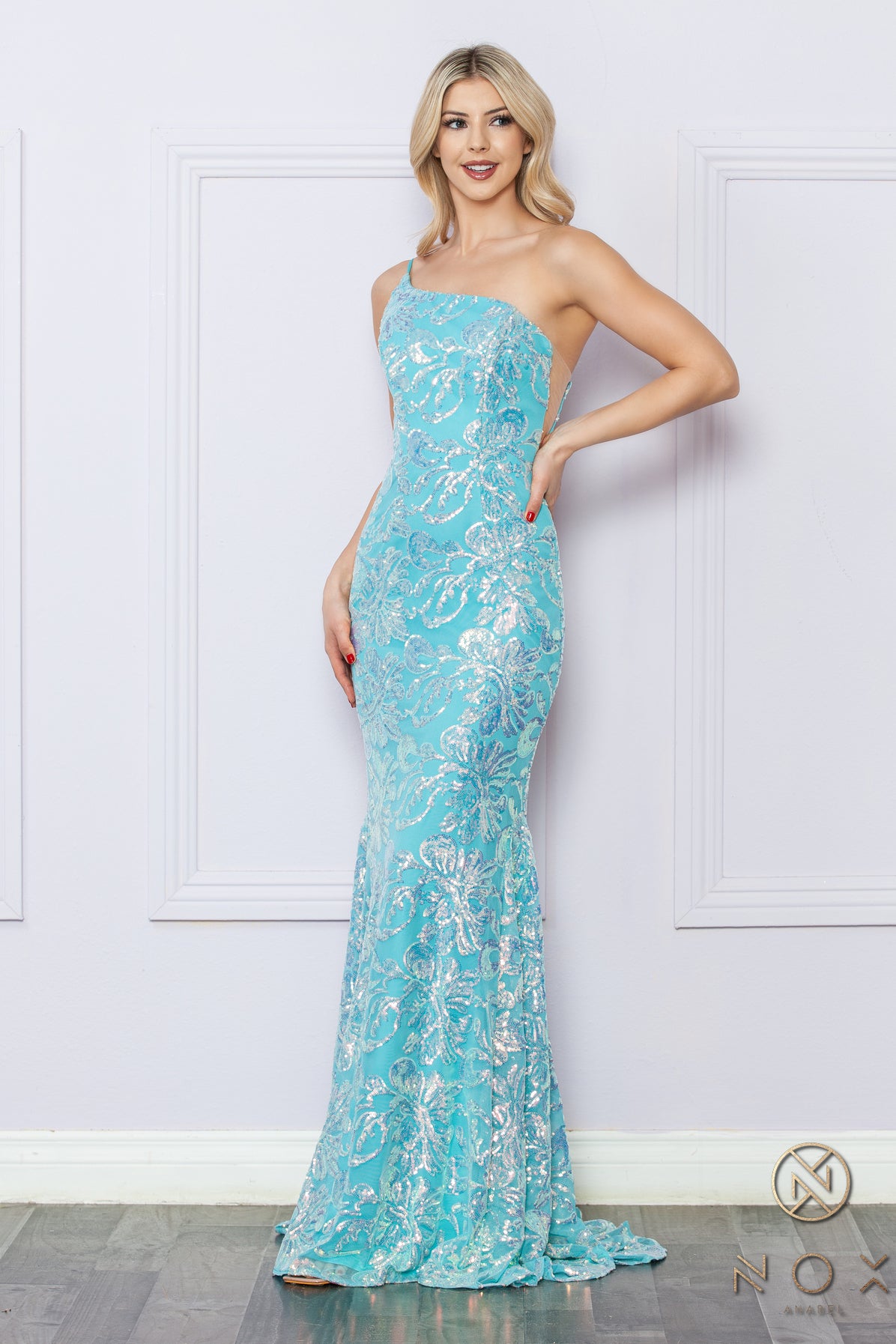 Nox Anabel –R1308 One Shoulder Floral Sequin Dress