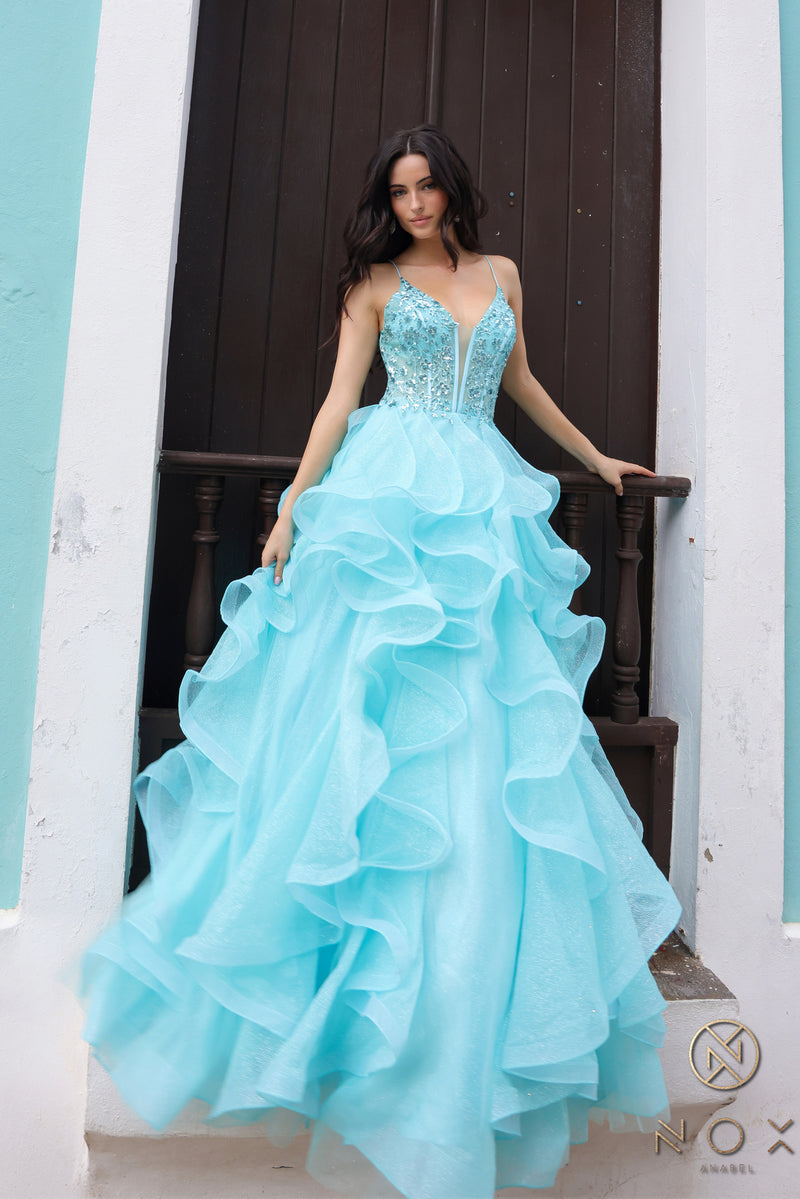 Nox Anabel -R1433 Plunging V-Neck Ruffled Ballgown Skirt