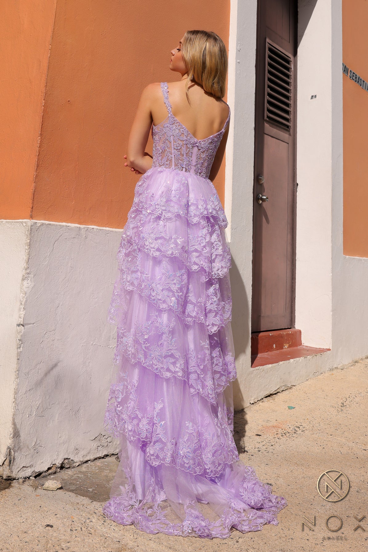 Nox Anabel –T1335 Sheer Lace Ruffle A-Line Dress