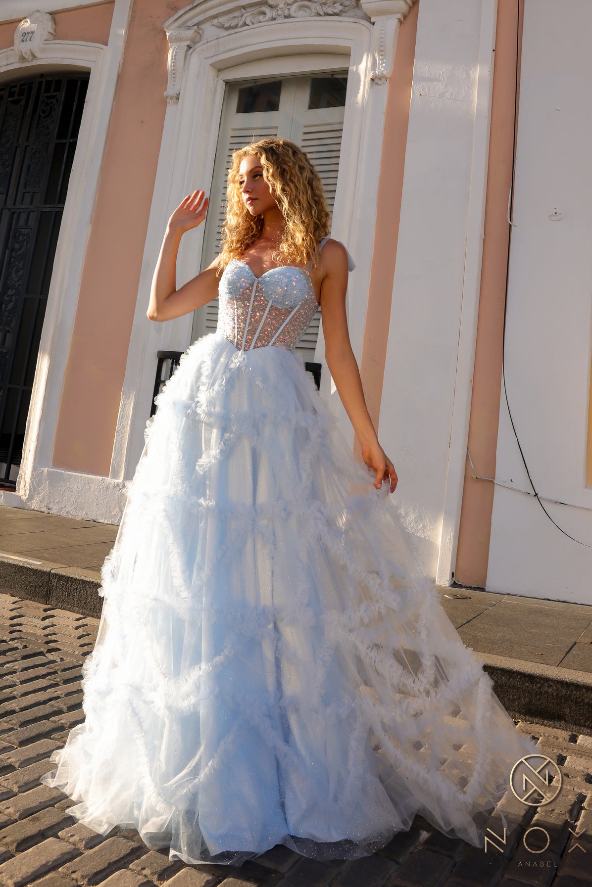 Nox Anabel -T1340 Basque Waist Ruffled A-Line Prom Dress