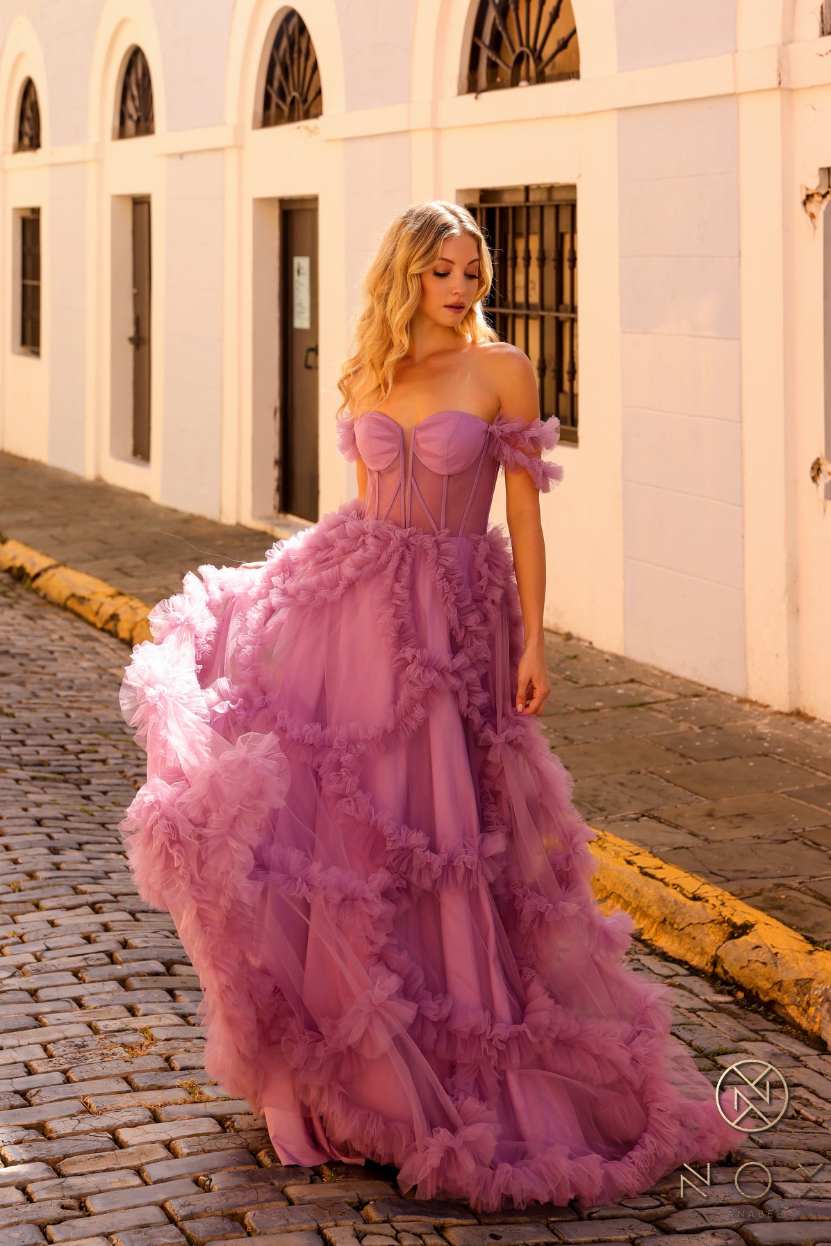 Nox Anabel -Y1472 Sweetheart Ruffled Off-Shoulder Ballgown