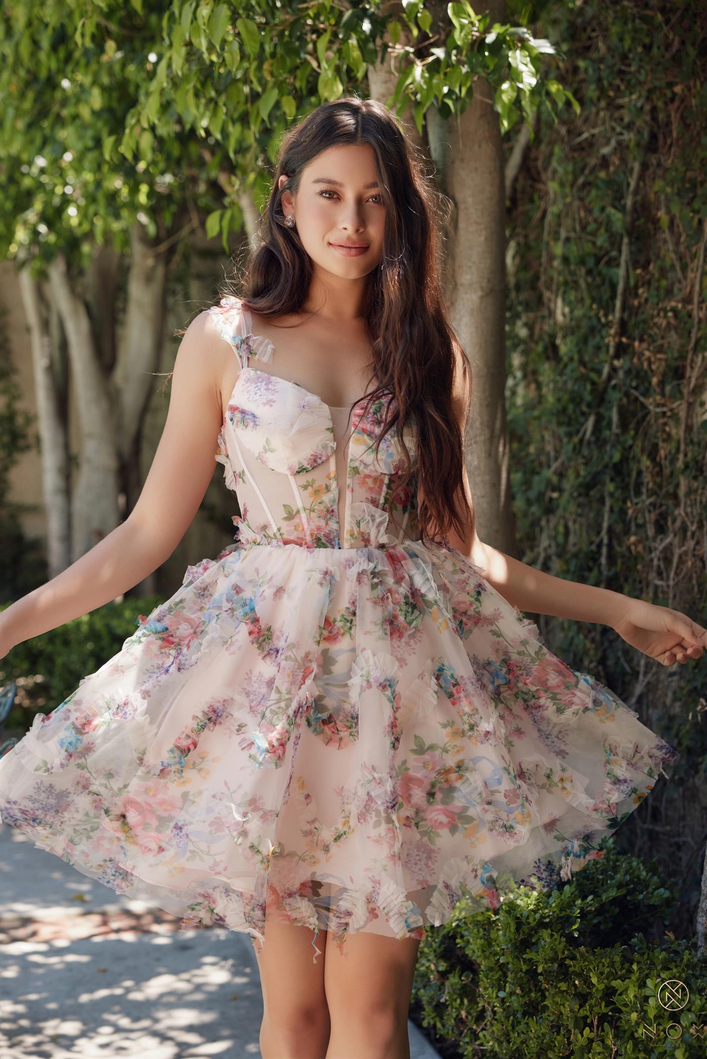 Nox Anabel -S849 Corset Bodice Floral Printed A-Line Dress