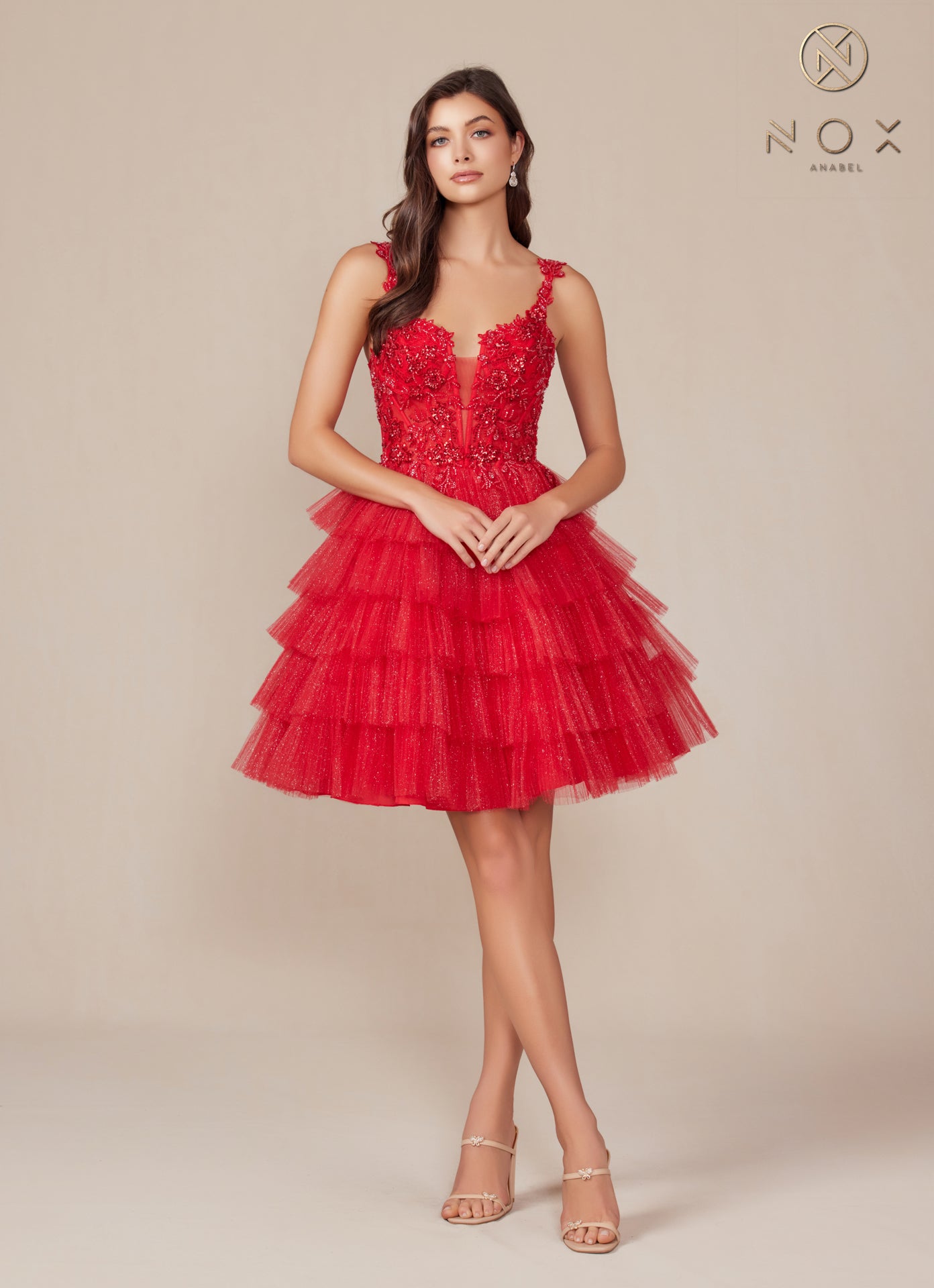 Nox Anabel -E904 Applique Tiered A-Line Short Dress