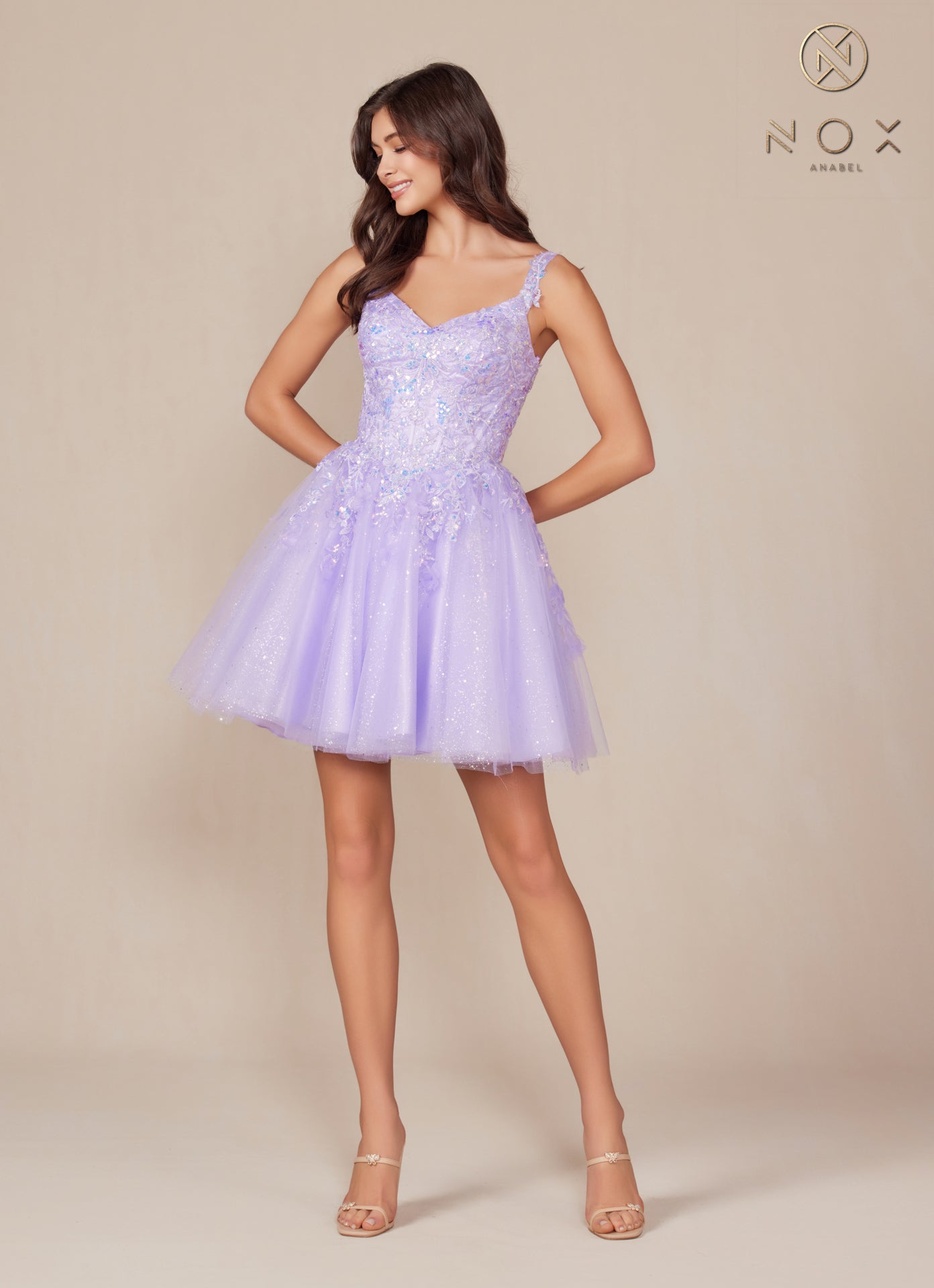 Nox Anabel -H846 V-Neck Applique Sequin Short A-Line Dress