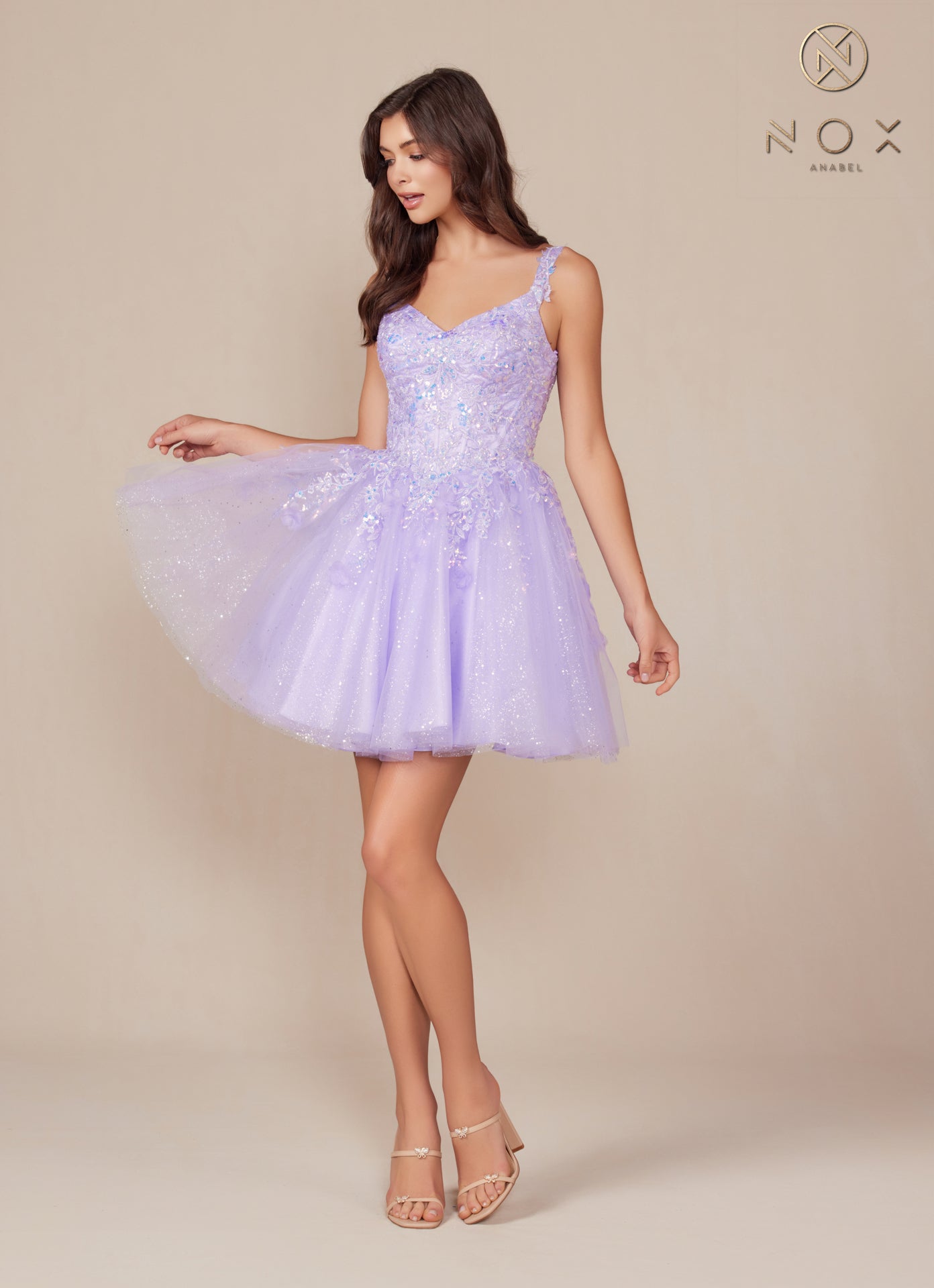 Nox Anabel -H846 V-Neck Applique Sequin Short A-Line Dress