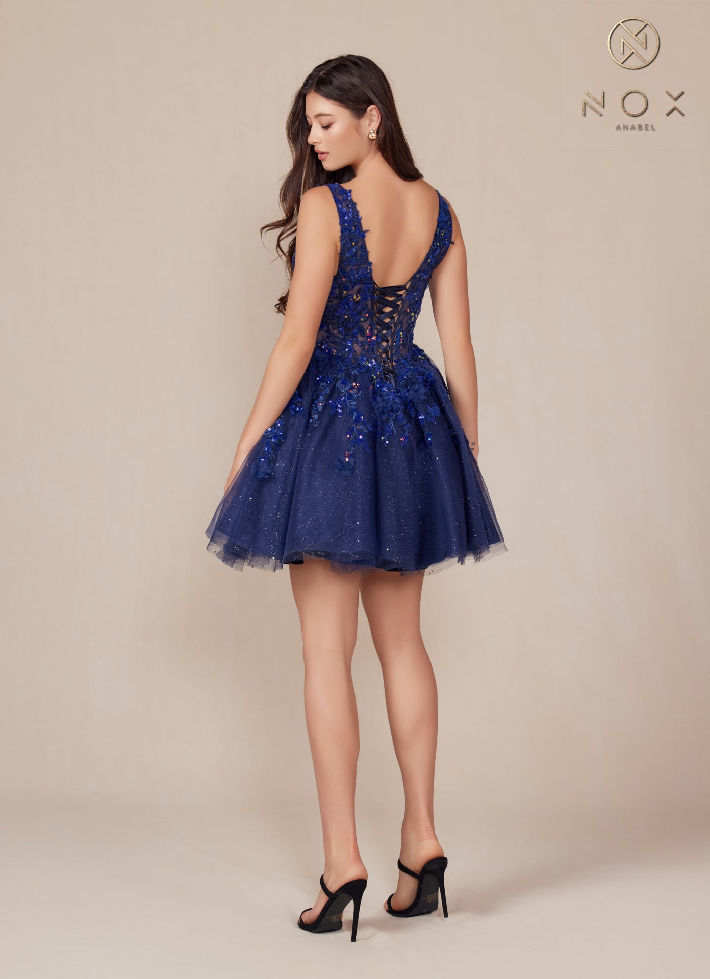 Nox Anabel -H846 V-Neck Applique Sequin Short A-Line Dress