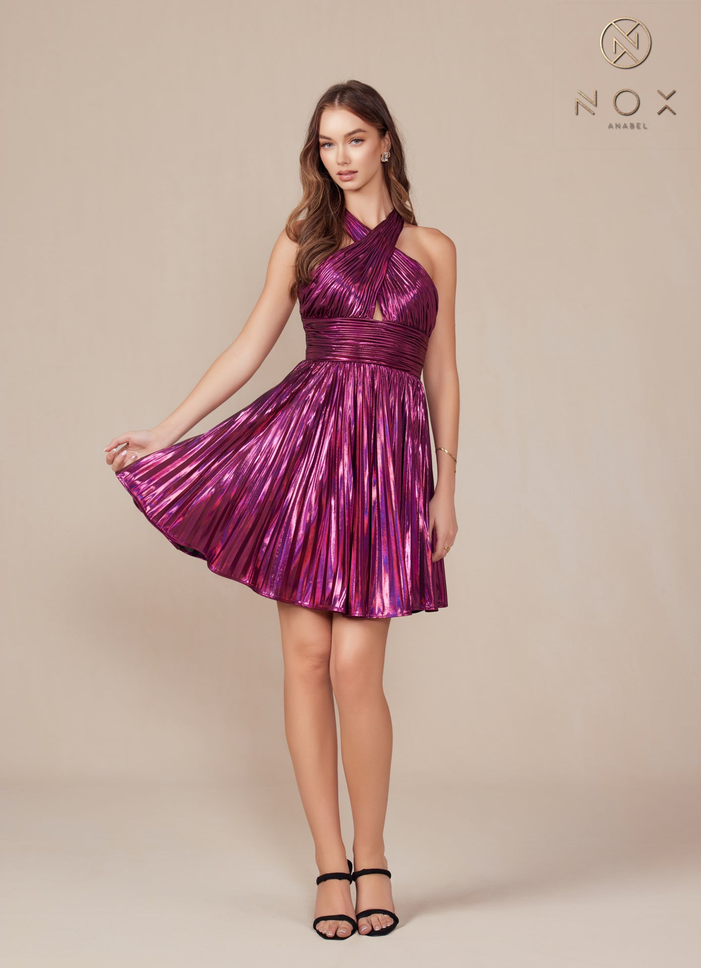 Nox Anabel -K822 Halter Neck Metallic A-Line Short Dress