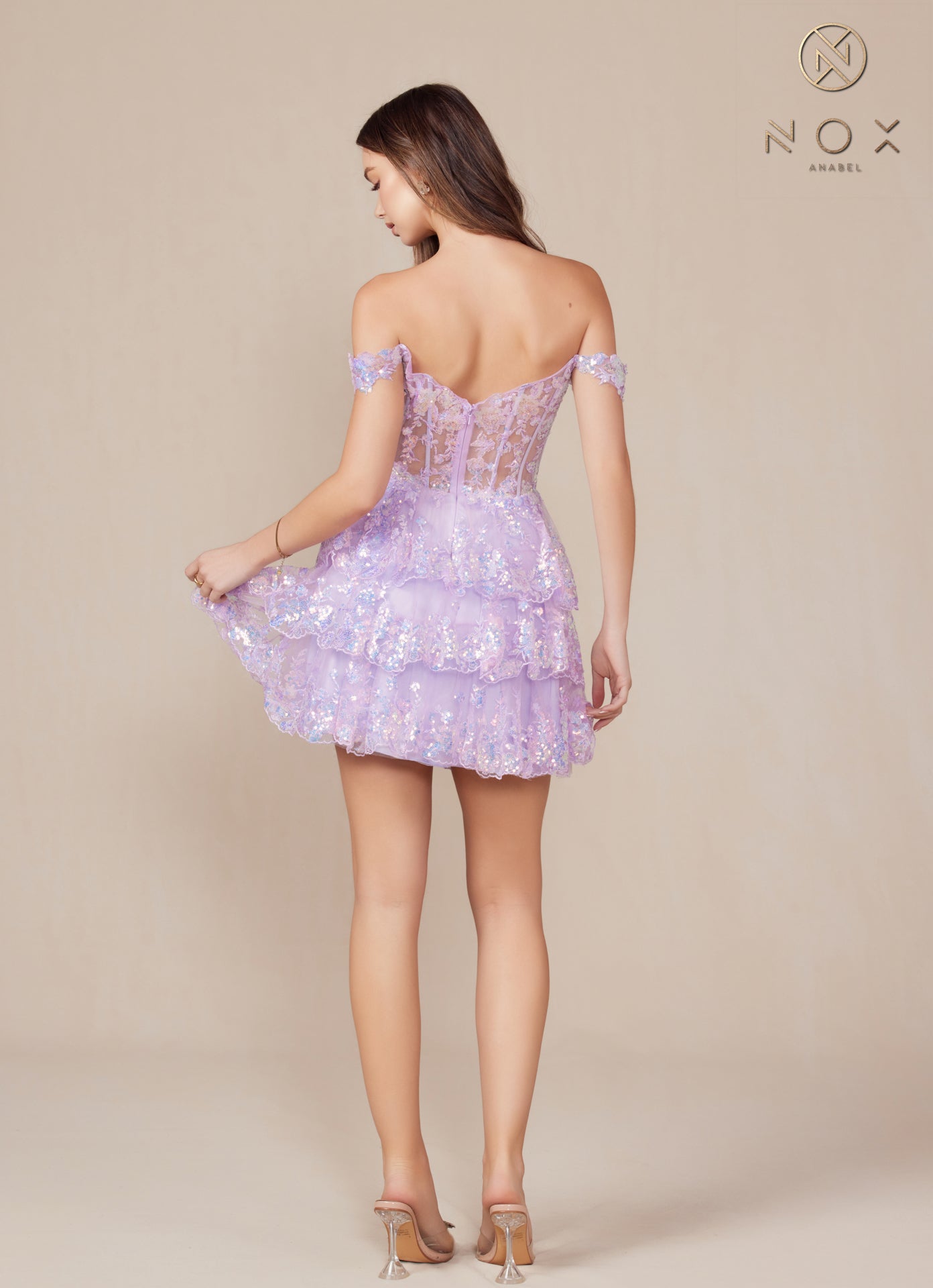 Nox Anabel -K856 Off Shoulder Sequin Applique Short Dress