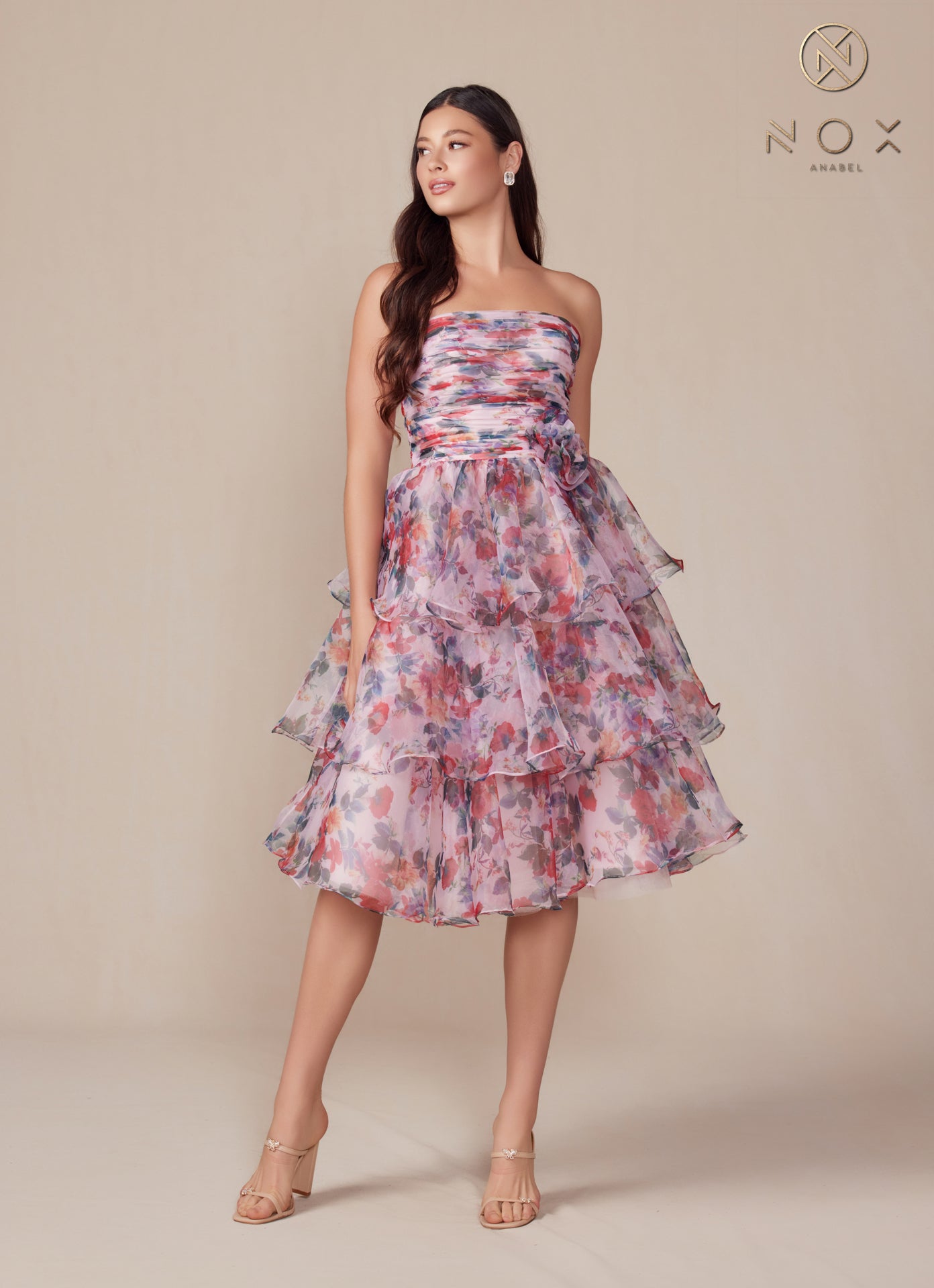 Nox Anabel -Q842 Strapless Floral Printed A-Line Ruffle Dress