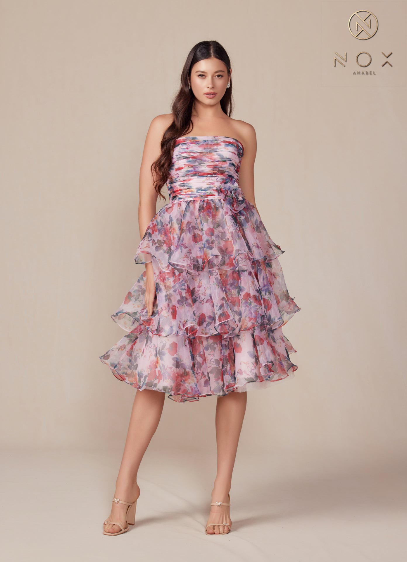 Nox Anabel -Q842 Strapless Floral Printed A-Line Ruffle Dress