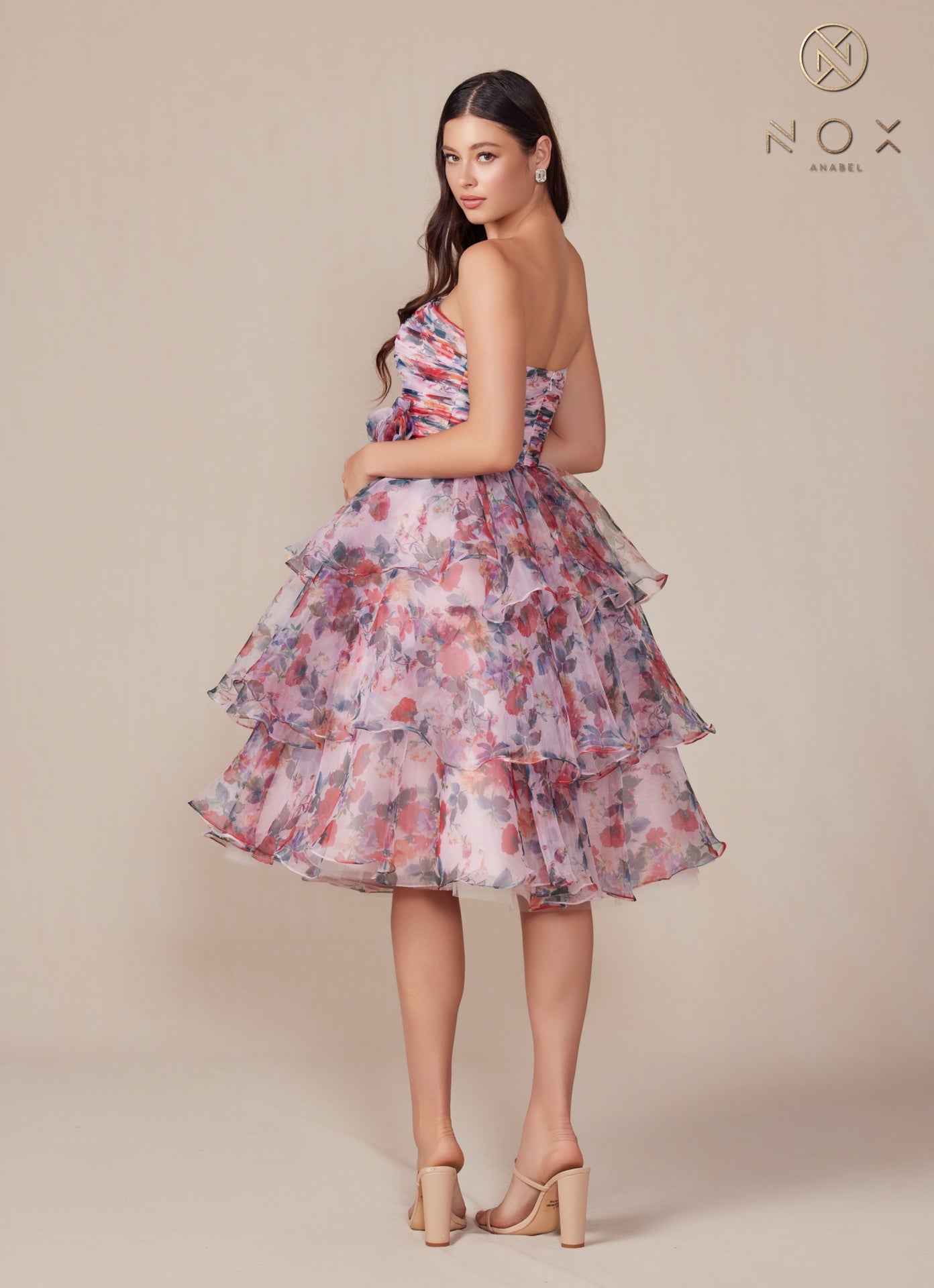 Nox Anabel -Q842 Strapless Floral Printed A-Line Ruffle Dress