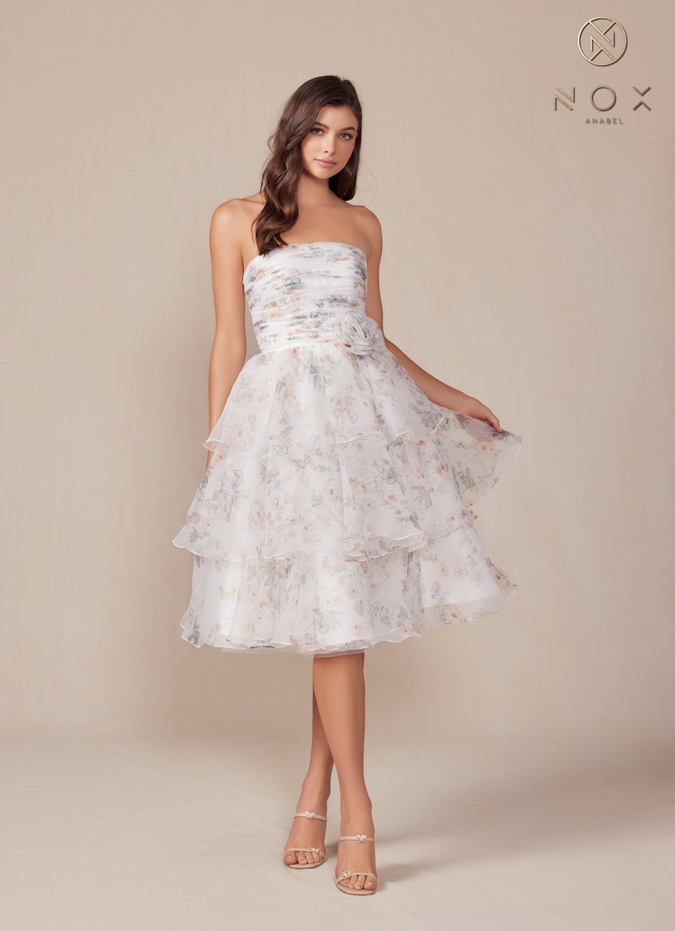 Nox Anabel -Q842 Strapless Floral Printed A-Line Ruffle Dress