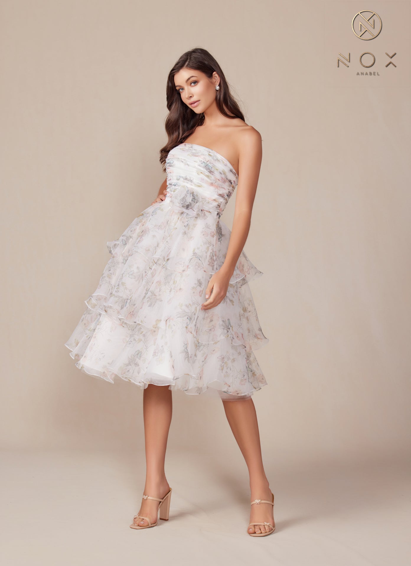 Nox Anabel -Q842 Strapless Floral Printed A-Line Ruffle Dress