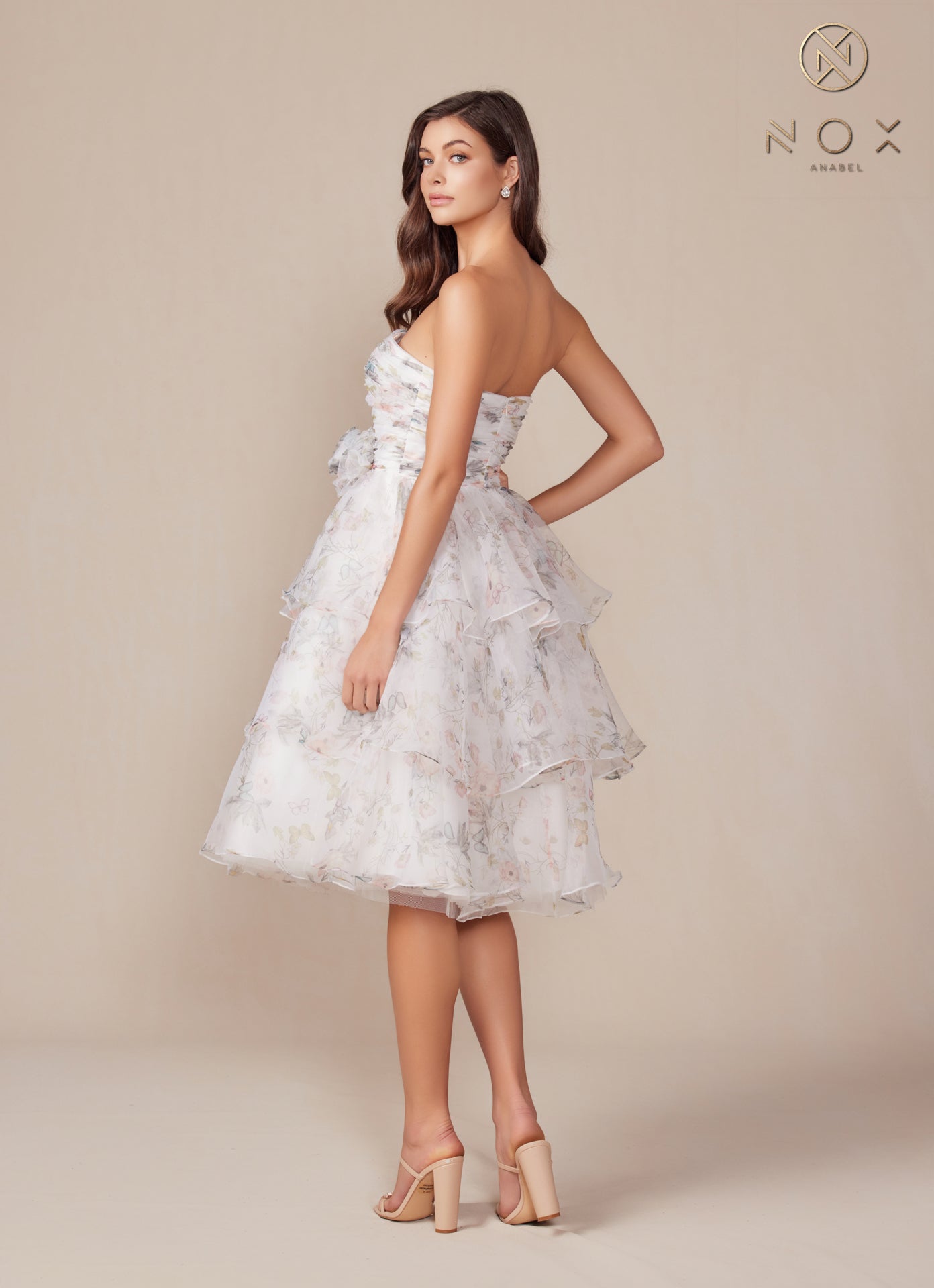 Nox Anabel -Q842 Strapless Floral Printed A-Line Ruffle Dress