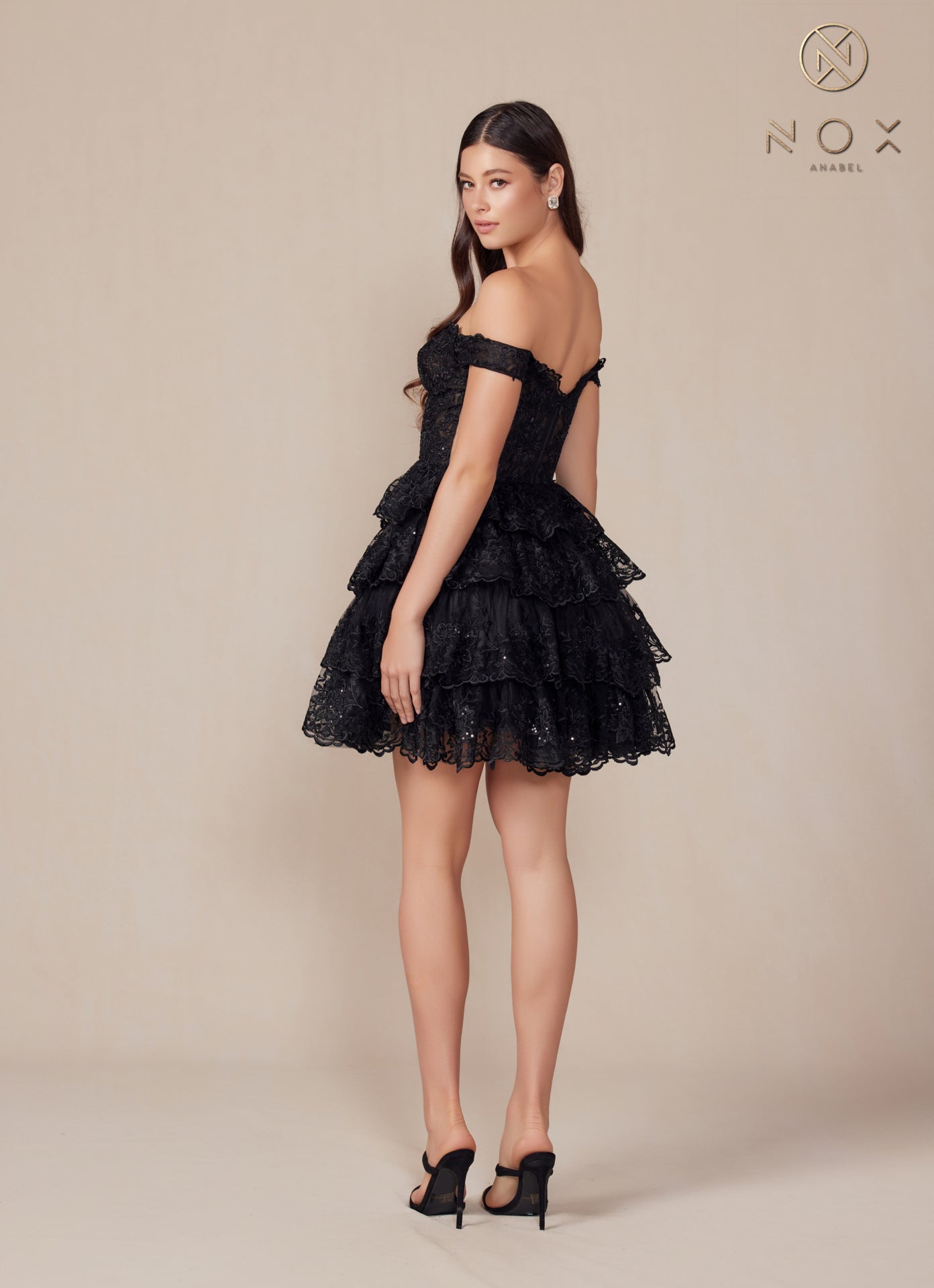 Nox Anabel -R877 Off Shoulder Applique A-Line Tiered Short Dress