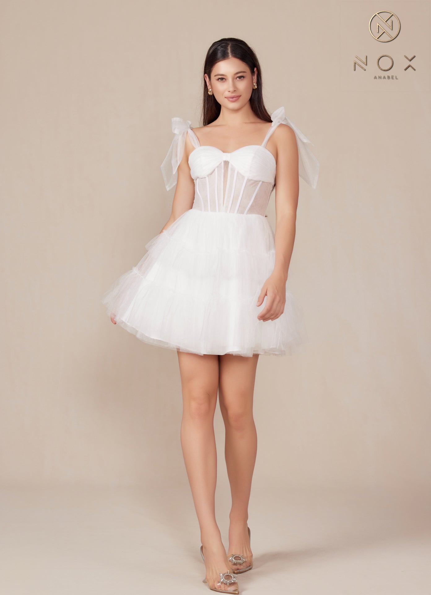 Nox Anabel -Y858W White Sweetheart Tiered A-Line Short Dress