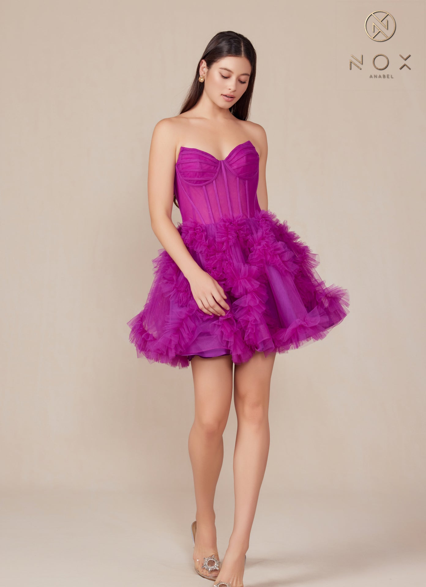 Nox Anabel -Y859 Strapless Ruffled A-Line Tulle Short Dress