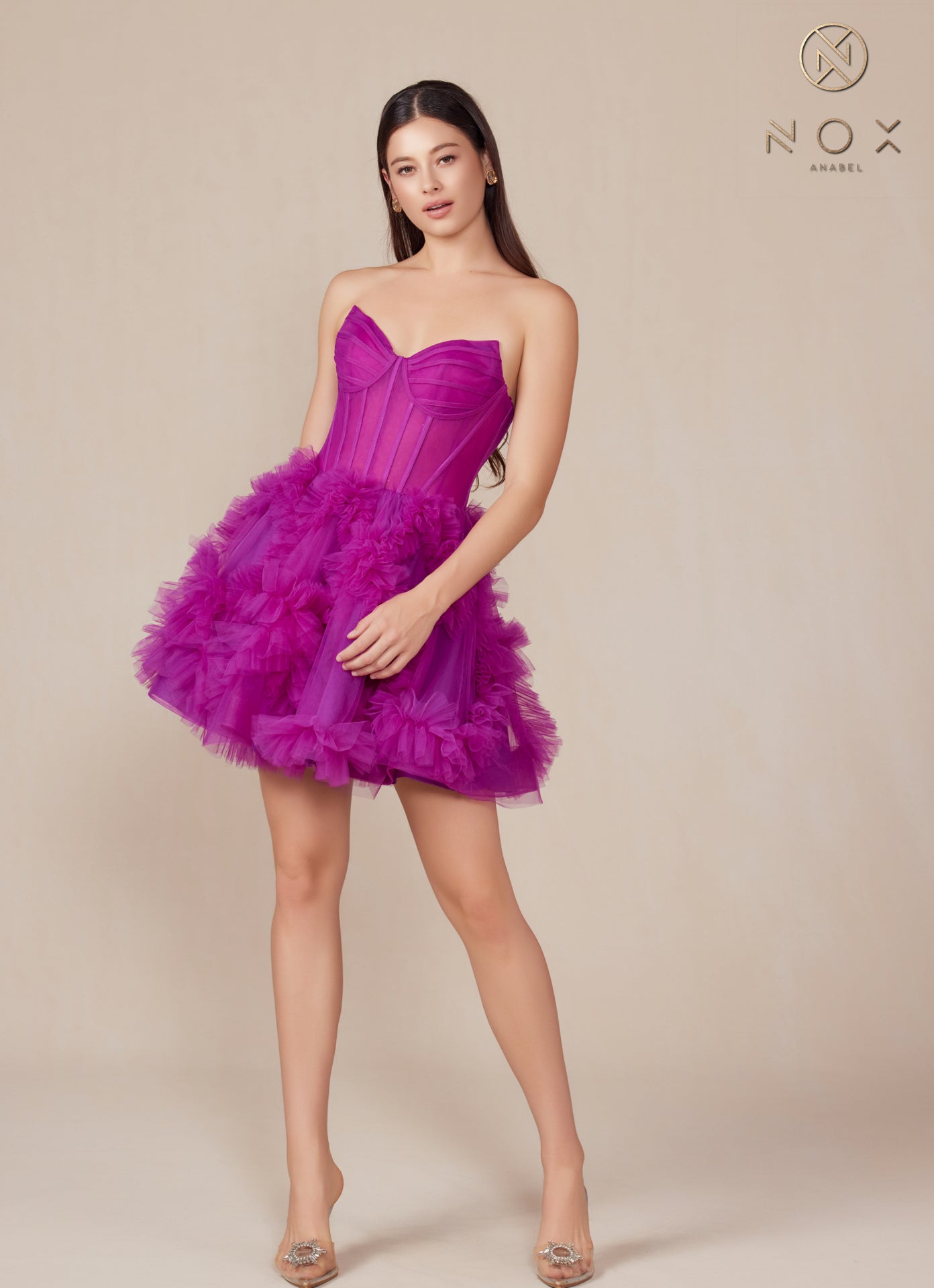 Nox Anabel -Y859 Strapless Ruffled A-Line Tulle Short Dress