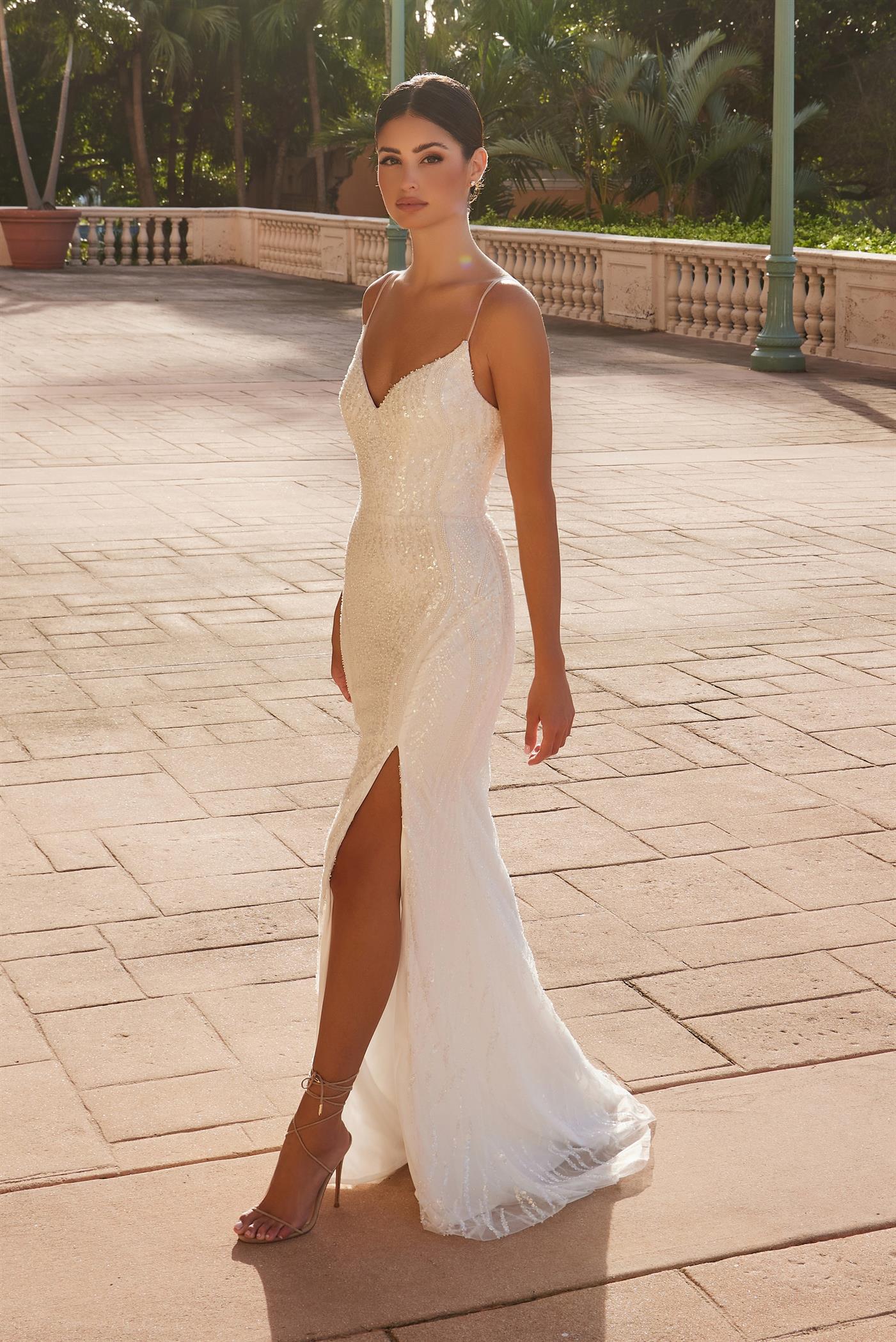 Nox Anabel -E1535W V-Neck Fully Beaded Sequin Bridal Dress