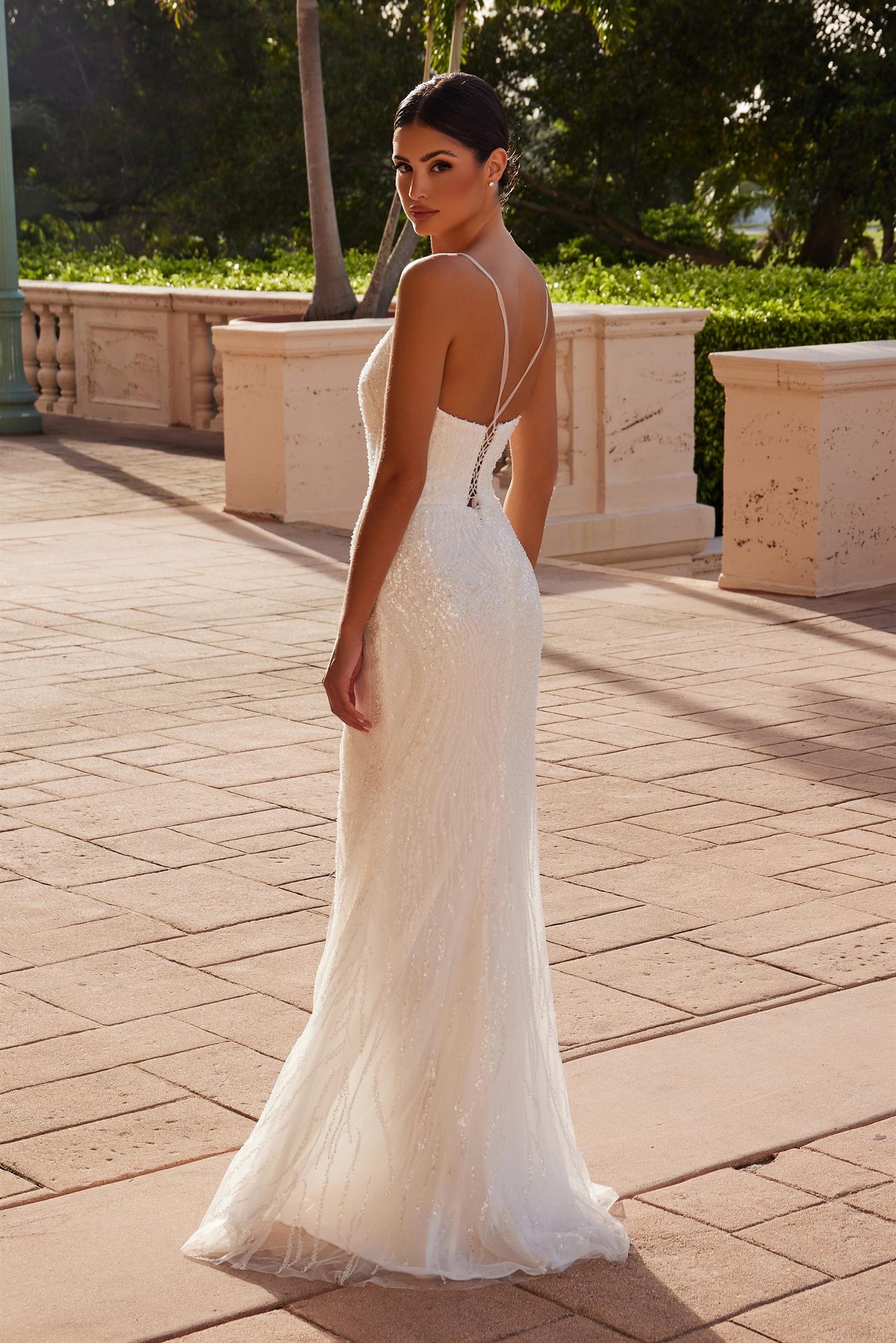 Nox Anabel -E1535W V-Neck Fully Beaded Sequin Bridal Dress