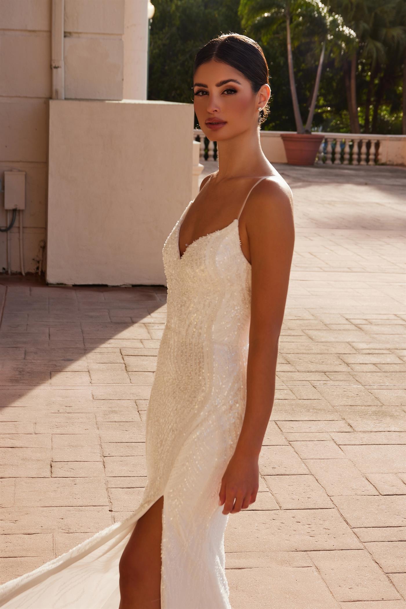 Nox Anabel -E1535W V-Neck Fully Beaded Sequin Bridal Dress