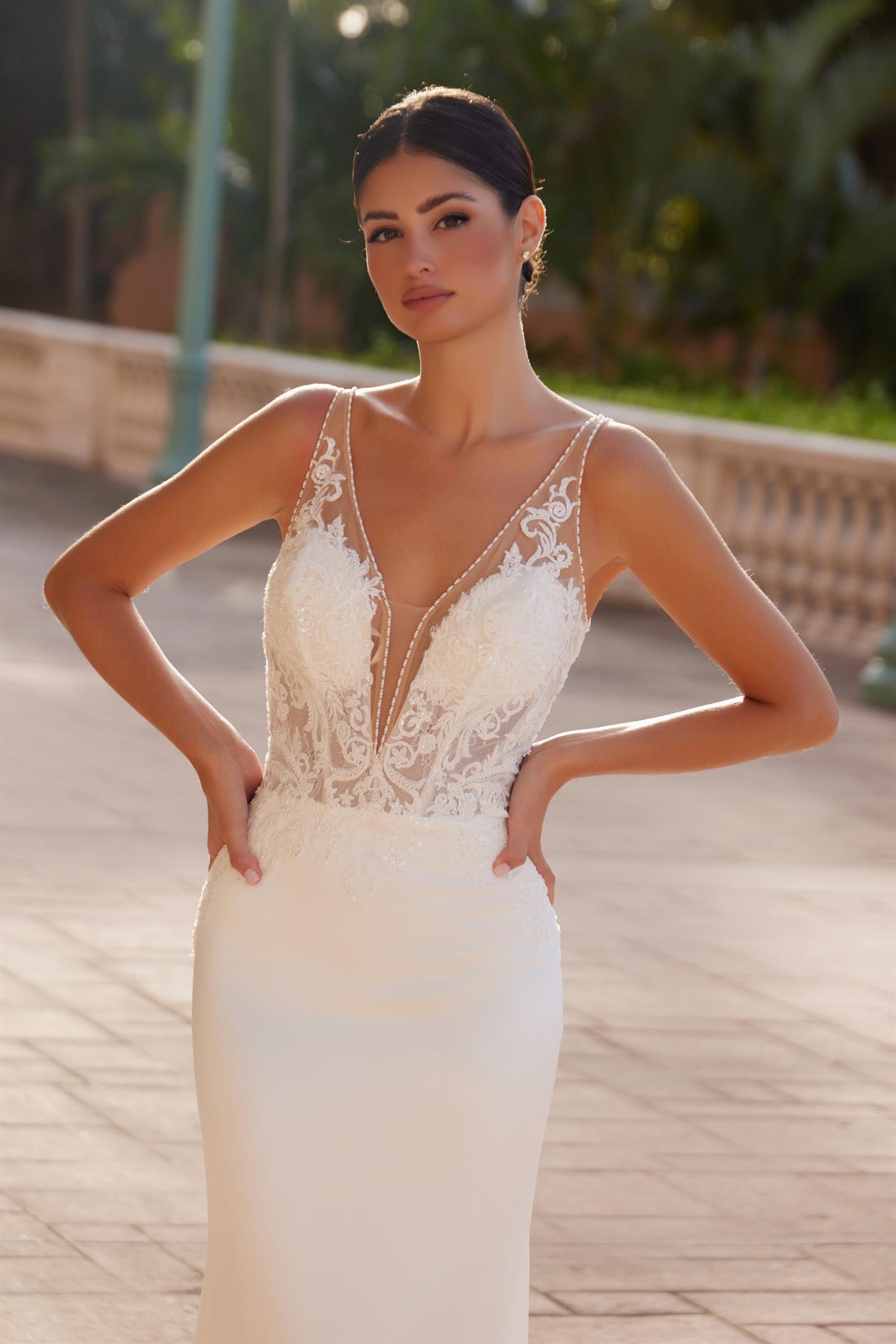 Nox Anabel -JE1022L V-Neck Embroidered Satin Mermaid Bridal Dress