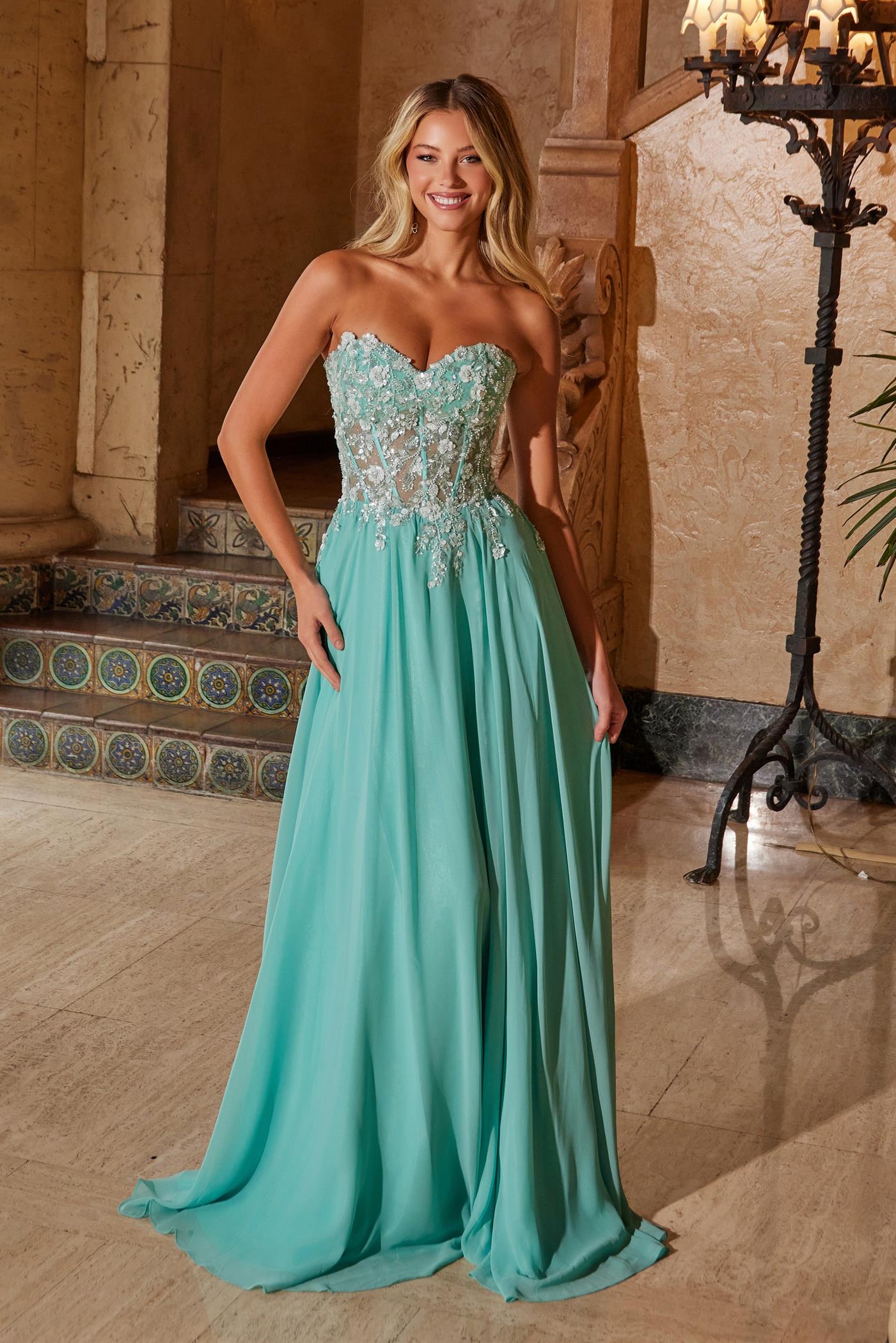 Nox Anabel -C1617 Strapless Applique A-Line Chiffon Dress