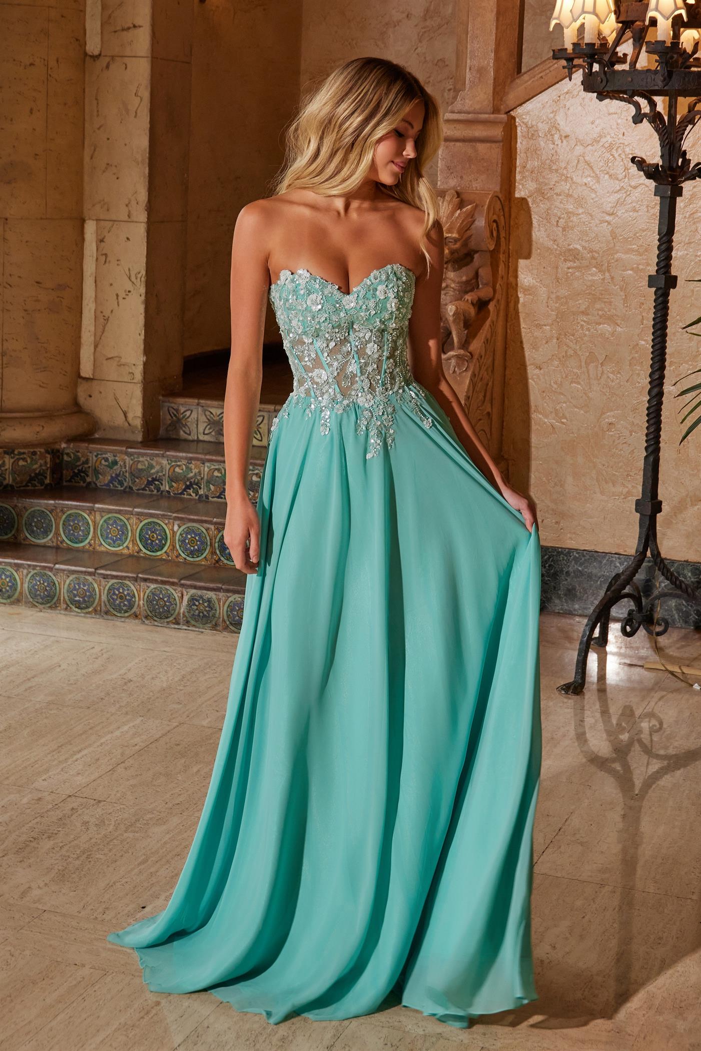 Nox Anabel -C1617 Strapless Applique A-Line Chiffon Dress