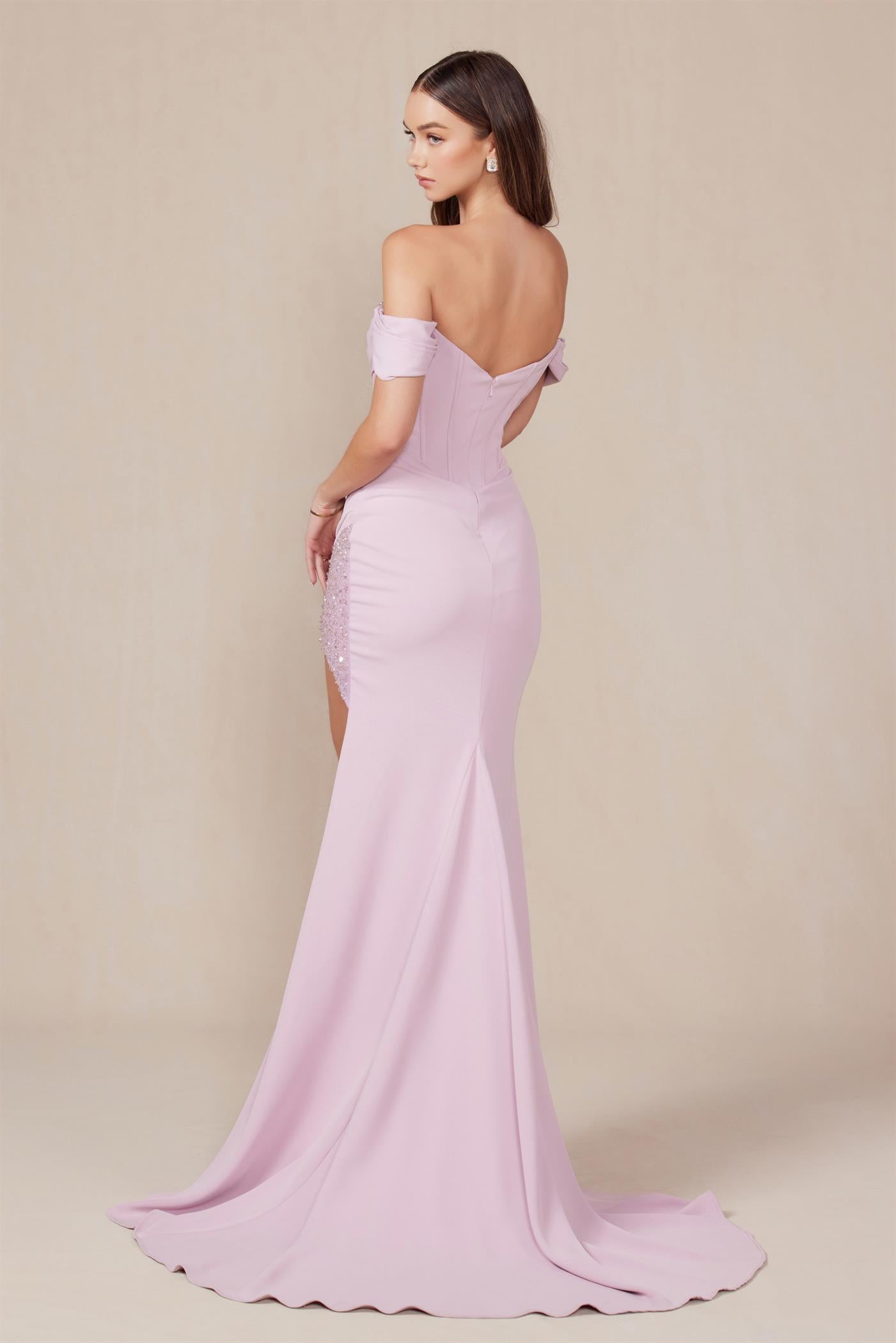 Nox Anabel -Y1483 Off Shoulder Draped Satin Sheath Dress