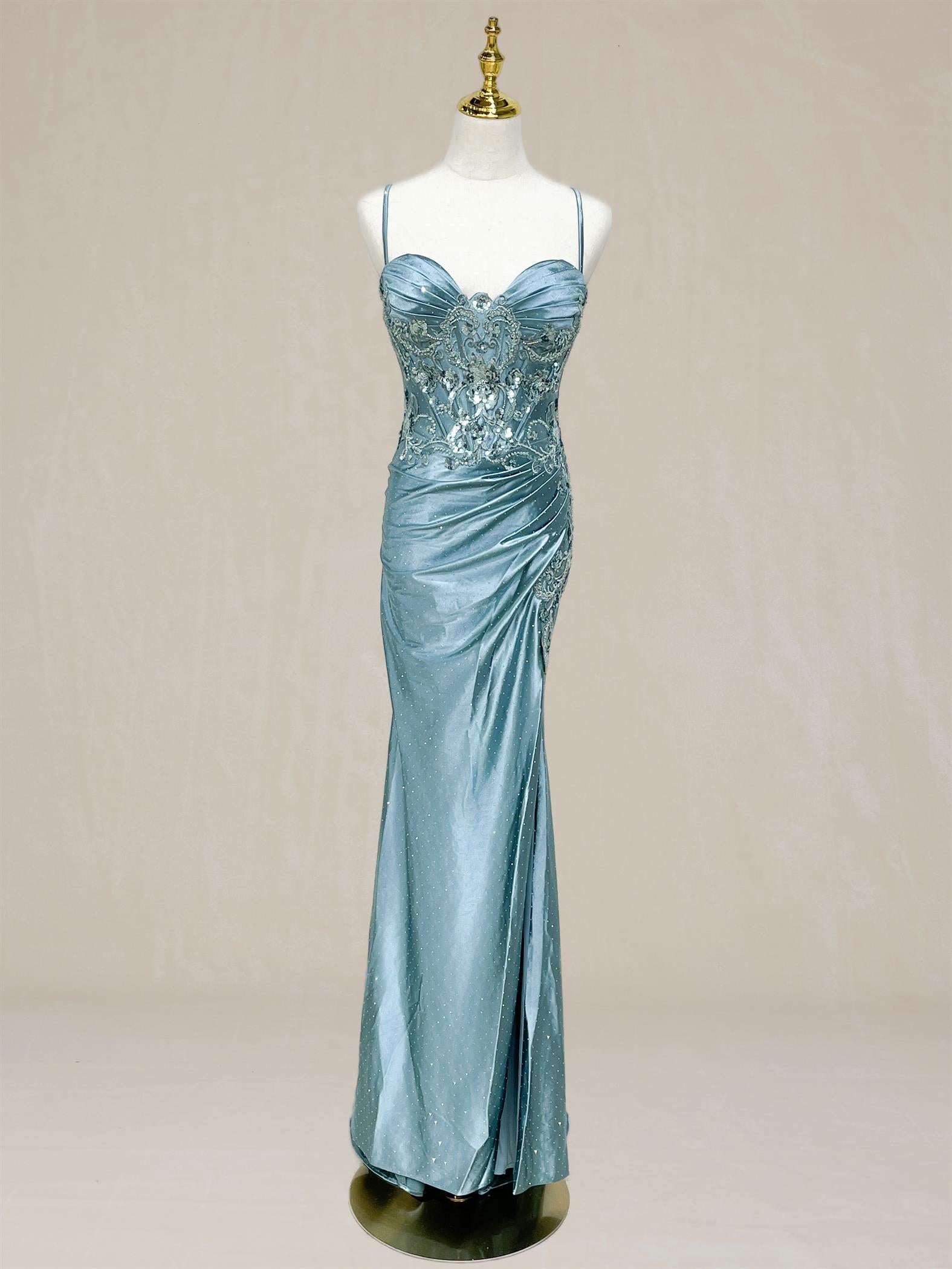 Nox Anabel -E1534 Beaded Bodice Satin Shimmer Sheath Dress