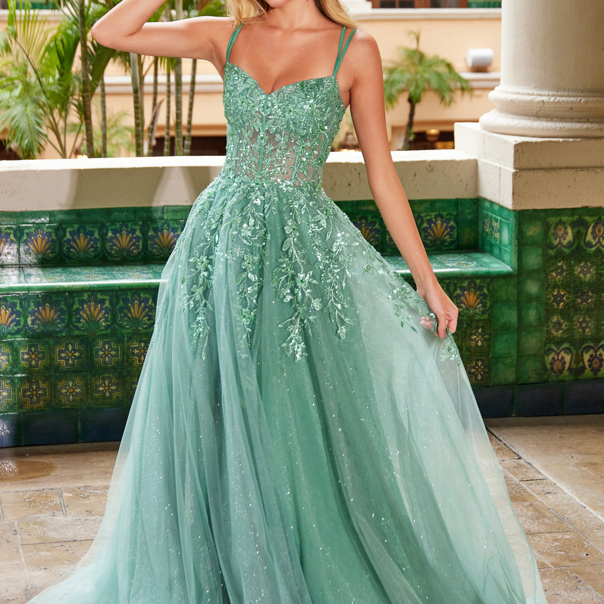 sheer embroidered dress Sheer Embroidered Sleeveless Gown with Floral Overlay