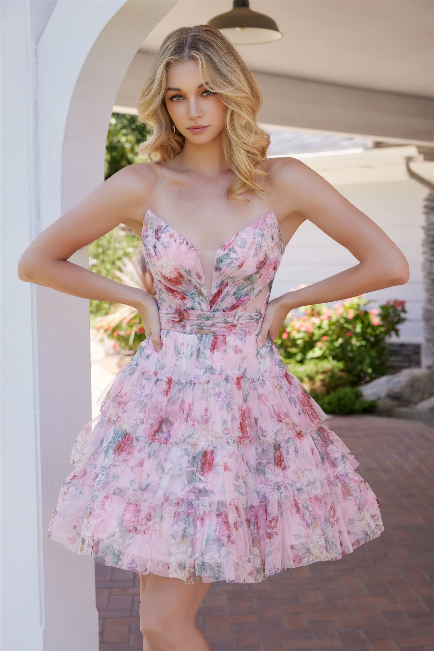 Nox Anabel-M992 Strapless Flower Print Chiffon Short Dress.