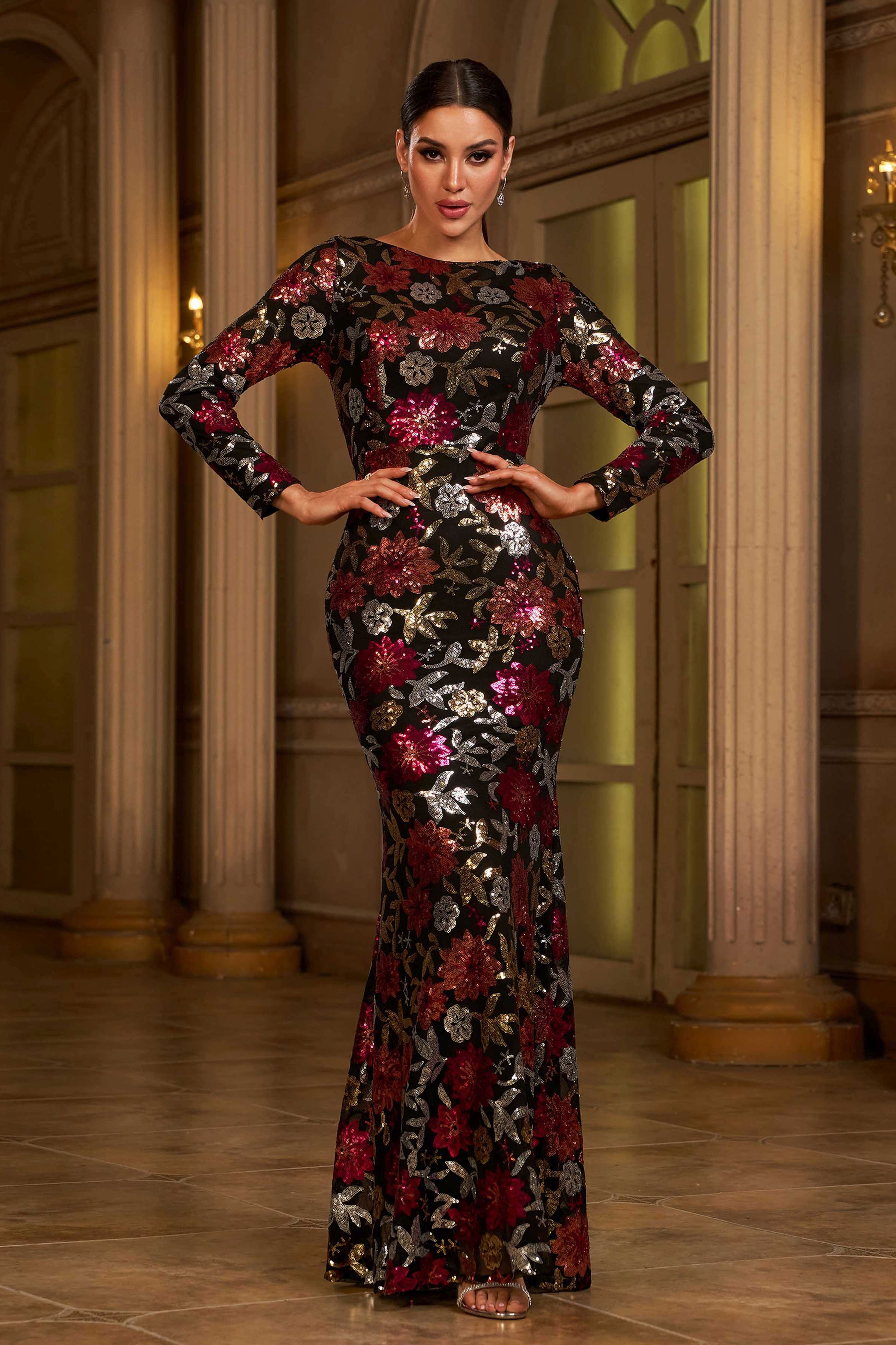 Azina -RJ10987 Long Sleeved Sequin Mermaid Evening Dress