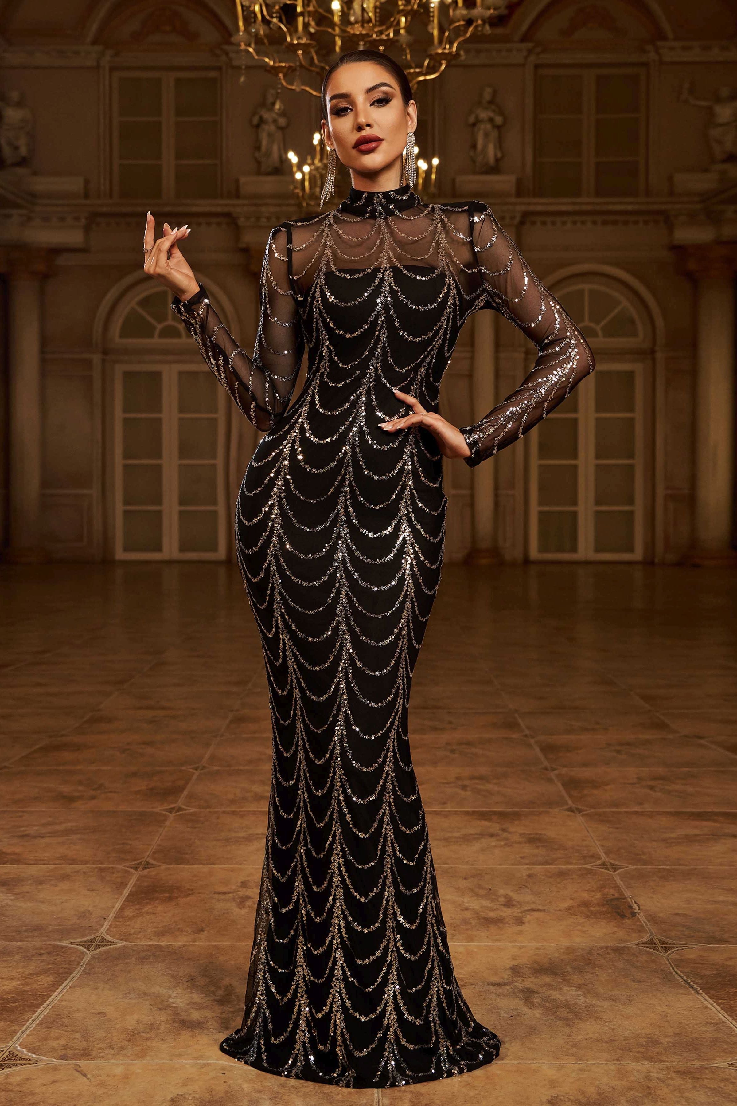 Azina -M0032 Mock-Neck Sequin Mesh Prom Dress