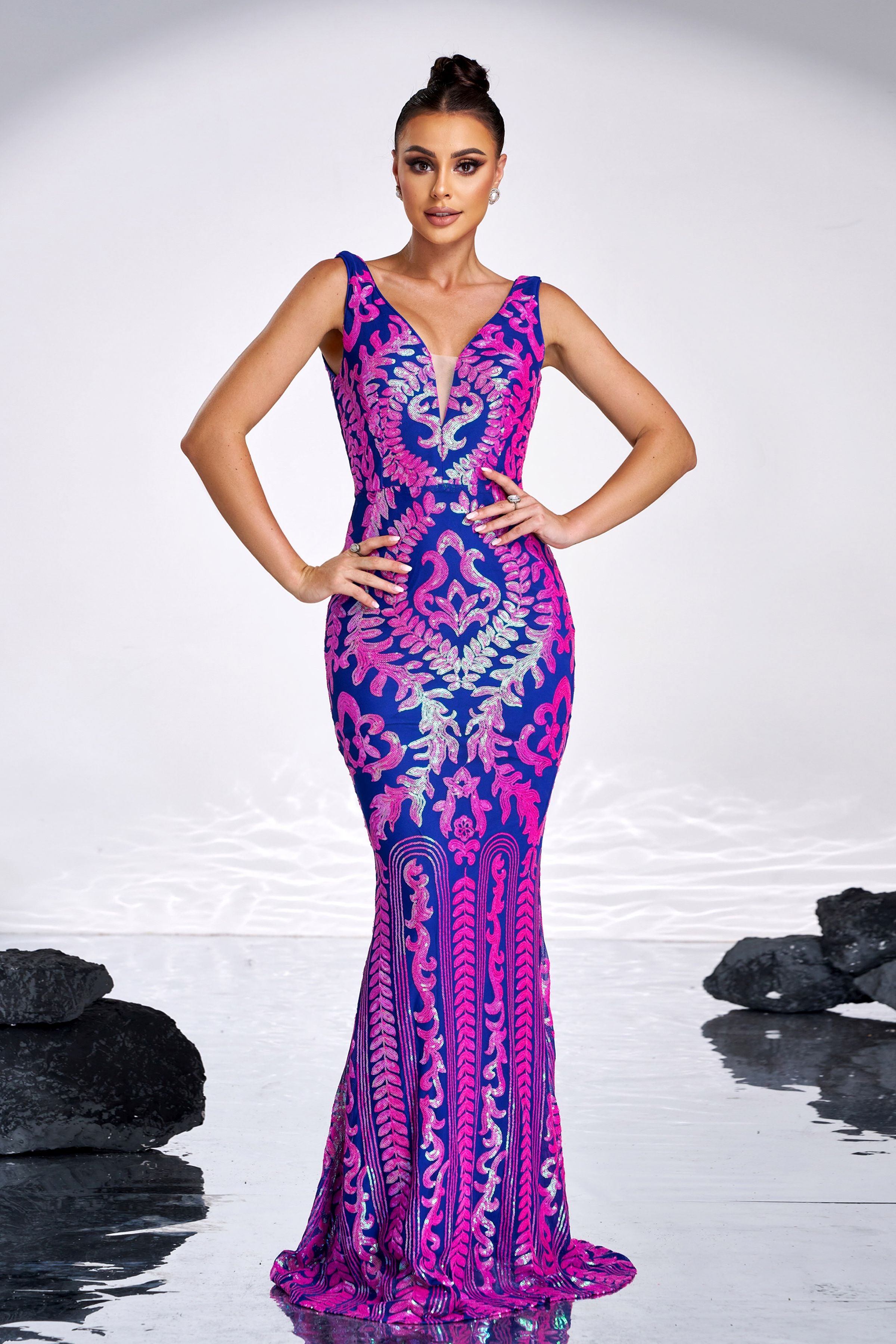Azina -XJ2305 V Neck Sleeveless Tribal Sequin Dress