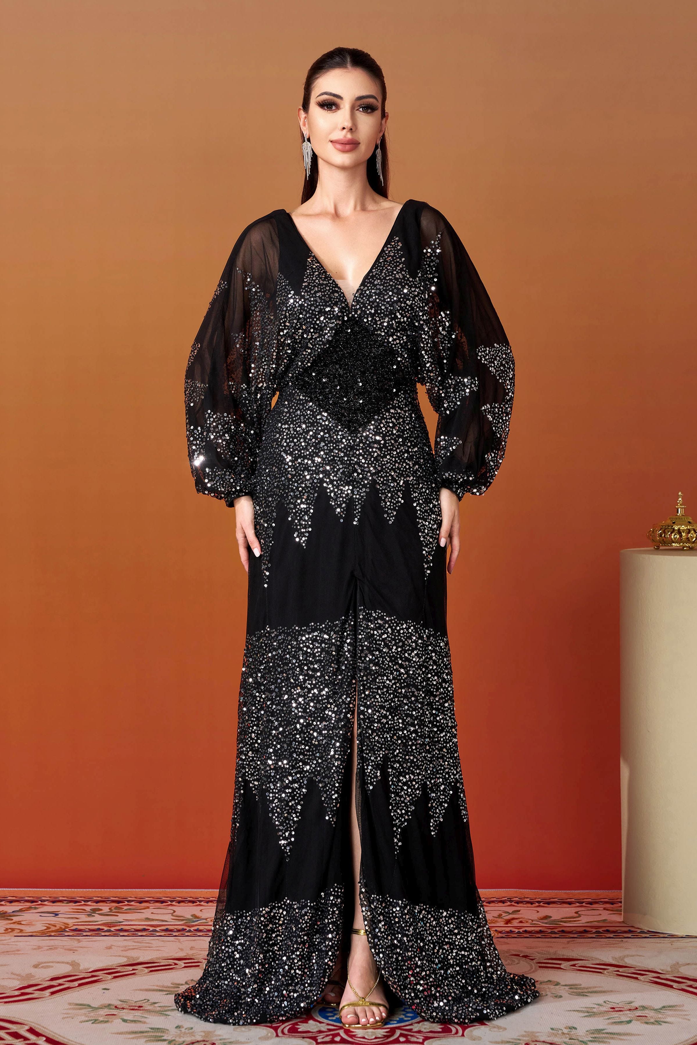 Azina -RM21107 V-Neck Sleeve Sequin Gown